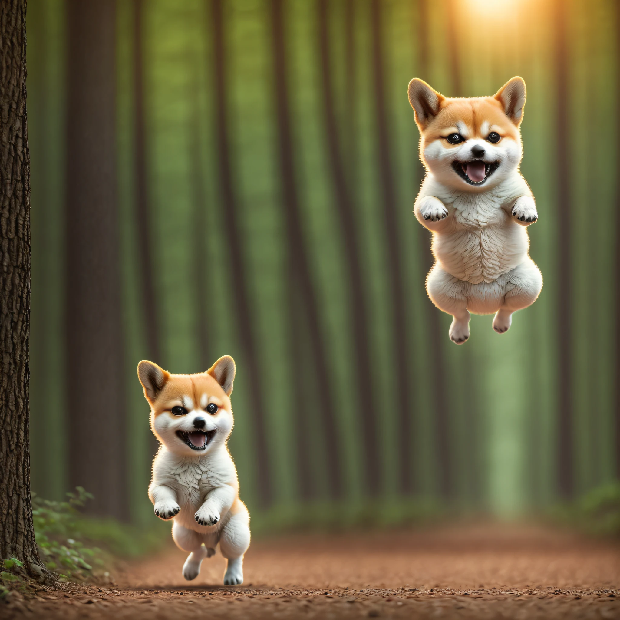Close-up photo of a very cute jumping puppy in the forest, soft volume lights, (backlight: 1.3), (cinematic: 1.2), intricate detail, (art station: 1.3), Shiba Inu,