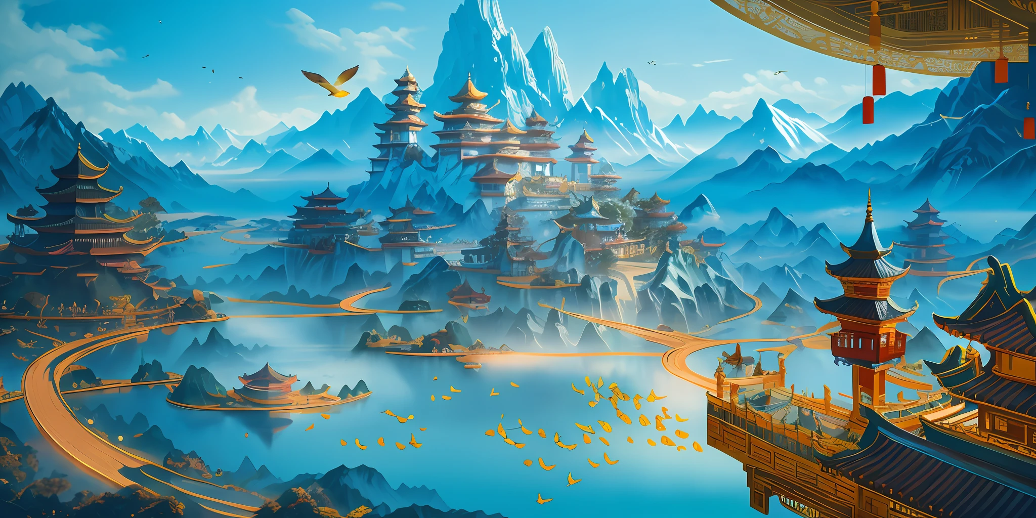 an image of an asian landscape with mountains and birds in the air, in the style of fantastical otherworldly visions, light cyan and gold, intricately mapped worlds, hyperrealistic illustrations, romanticized cityscapes, detailed character illustrations, organic shapes and curved lines, --v6