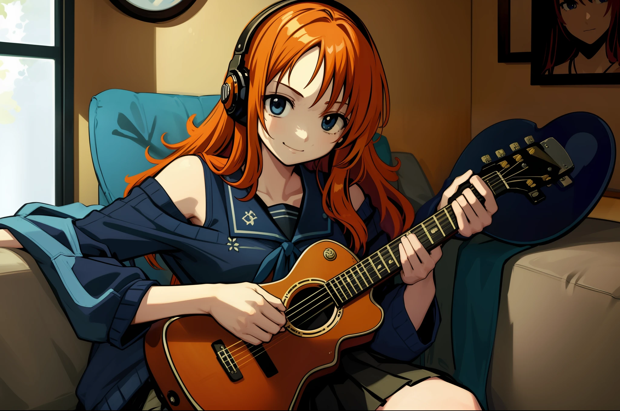 hold, sitting, chair, instrument, microphone, (straight guitar strings), cable, computer, monitor, holding instrument, electric guitar, poster (object), keyboard (computer), mouse (computer), amplifier, (masterpiece, best quality:1), bags under the eyes, bangs, black hair, blue eyes, blue hair band, brown cardigan, long hair, white serafuku, white skirt, (masterpiece, best quality: 1.2), dust, godrays, nami \(one piece\), 1girl, breasts, log pose, long hair, looking at viewer, navel, orange hair cute, guitar, guitar, apartment, sitting_on_couch, particle, serene, white_couch, morning, morning_hair, messy_hair, ((masterpiece)), shoulder tattoo, sidelocks, sky, smile, solo, standing, swimsuit, tattoo, 1girl, ((cinematic light)), colorful, intricate details, best quality, (extremely detailed CG unit 8k wallpaper, masterpiece, best quality, ultra-detailed, better shadow), (detailed background: 1.4), (beautiful detailed face, beautiful detailed eyes), High contrast, (better lighting, an extremely delicate and beautiful), (girl: 1.5), solo, black skirt, blue eyes, electric guitar, guitar, headphones, holding, holding plectrum, instrument, long hair, music, one side up, pink hair, playing with guiter, pleated skirt, black shirt, indoors ((caustic)), dynamic angle, beautiful detailed brightness, full body, cowboy shot,