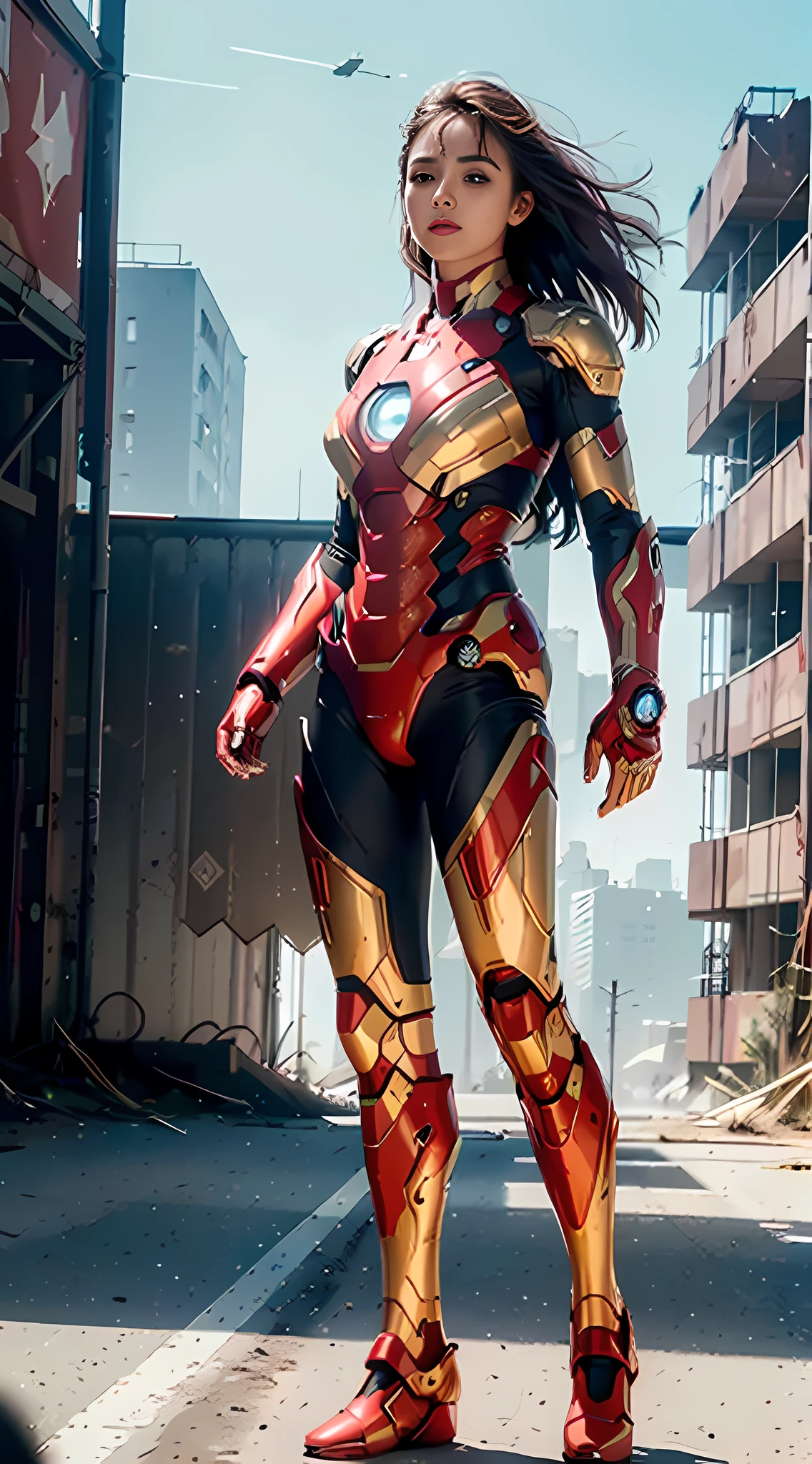 RAW, Masterpiece, Ultra Fine Photo,, Best Quality, Ultra High Resolution, Photorealistic, Sunlight, Full Body Portrait, Stunningly Beautiful,, Dynamic Poses, Delicate Face, Vibrant Eyes, (Side View) , she is wearing a futuristic Iron Man mech, red and gold color scheme, highly detailed abandoned warehouse background, detailed face, detailed and complex busy background, messy, gorgeous, milky white, high detailed skin, realistic skin details, visible pores , sharp focus, volumetric fog, 8k uhd, dslr camera, high quality, film grain, fair skin, photorealism, lomography, sprawling metropolis in futuristic dystopia, view from below, translucent