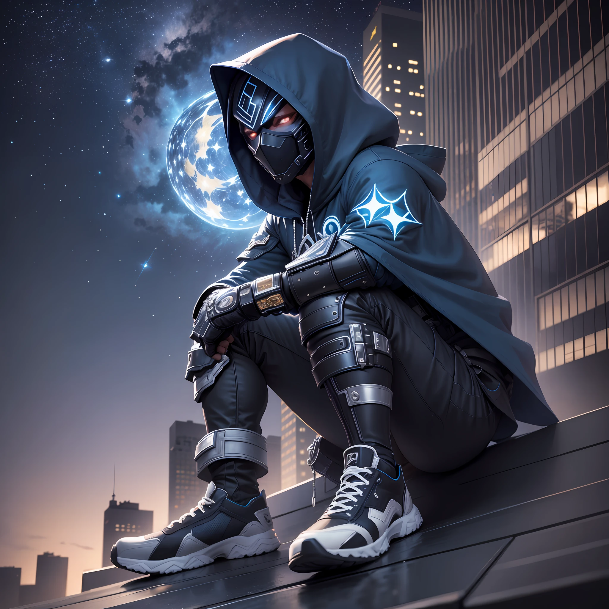 A character on top of a building with blue hood, black pants, white sneakers and in the background other buildings with light on, with a starry night, the character with a black mask and with black gauntlets with white details with a technological aspect and the mask shows the eyes of the character --auto --s2