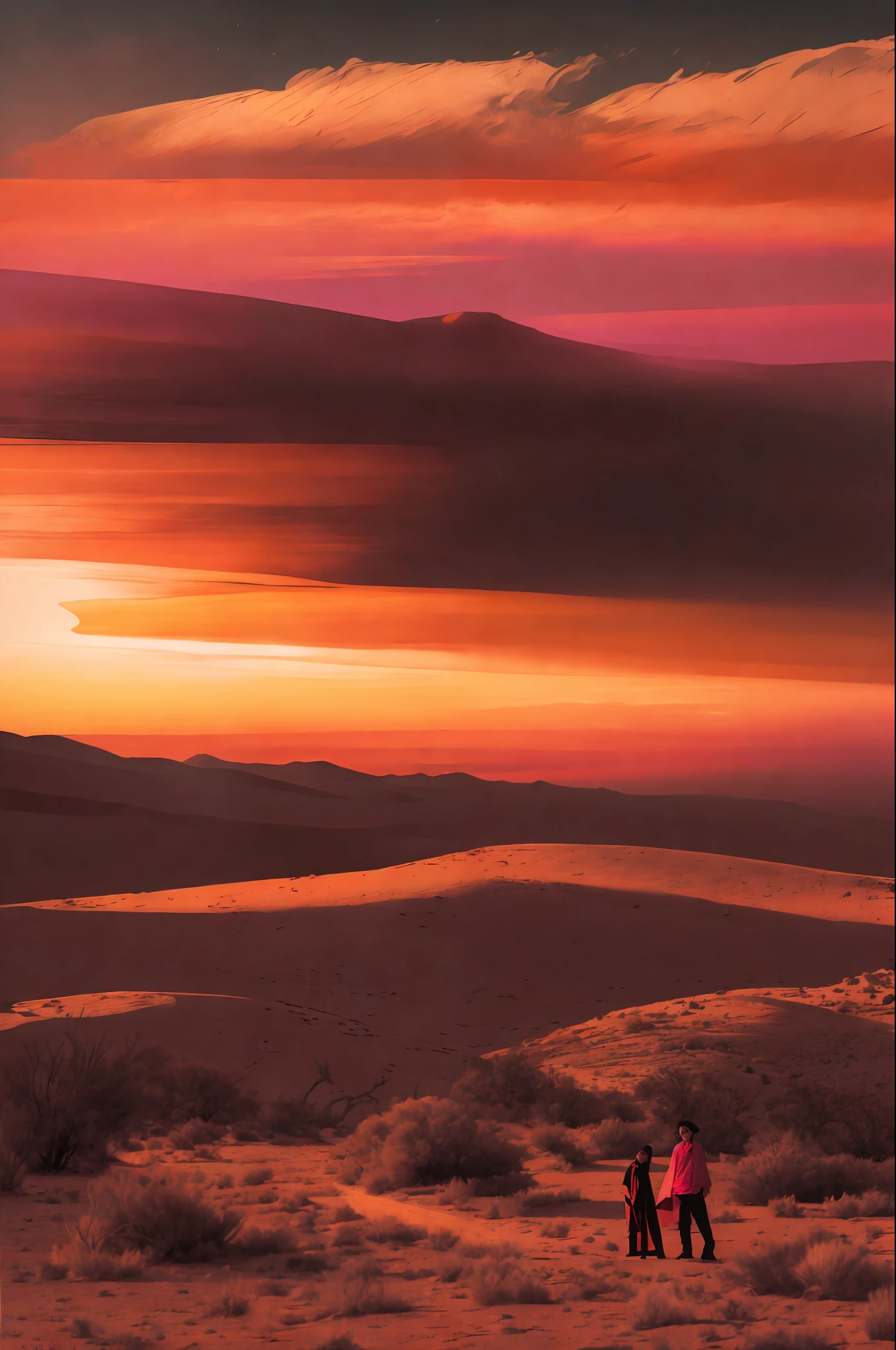 Film stills, desert-style sunset and pink lines by Byard Wu and Marc Simonetti and George Inness, monochrome artwork style, Felicia Simion, digital art technology light black and magenta, tumbling shimmer black and orange - Q2---S750--V 5.