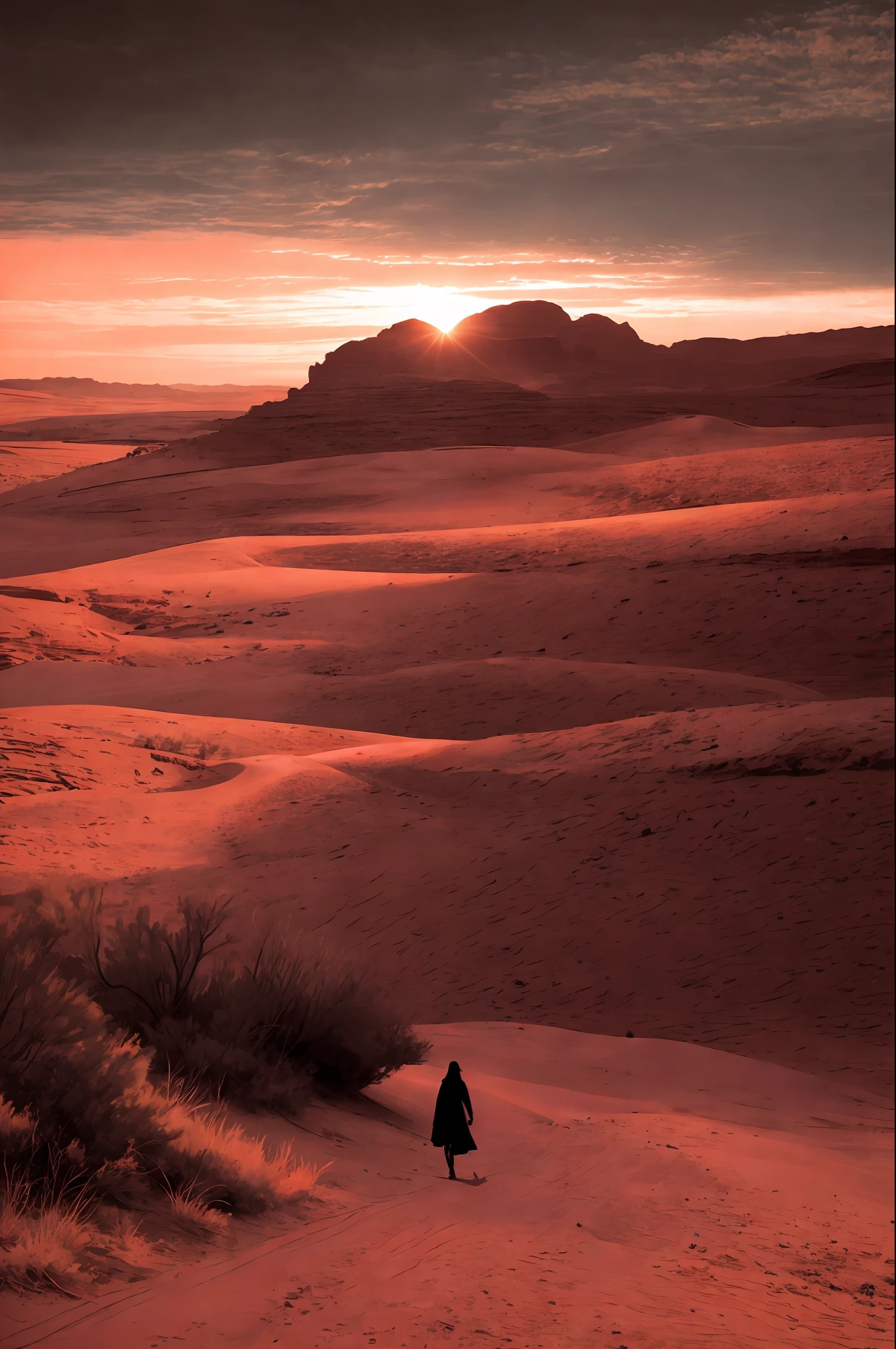 Film stills, desert-style sunset and pink lines by Byard Wu and Marc Simonetti and George Inness, monochrome artwork style, Felicia Simion, digital art technology light black and magenta, tumbling shimmer black and orange - Q2---S750--V 5.