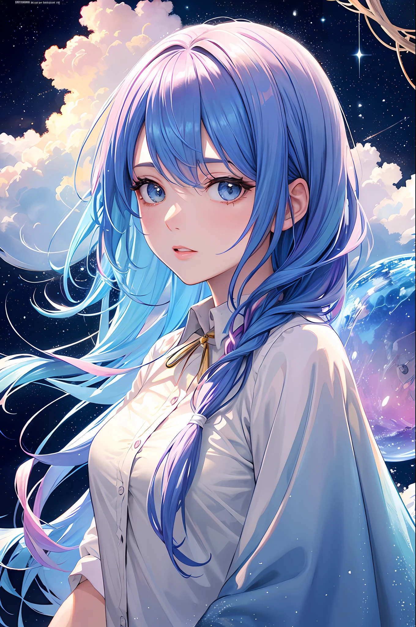 (Masterpiece, Top Quality, Best Quality, Watercolor (Medium), Official Art, Beautiful and Aesthetic: 1.2), (1 Girl: 1.3), (Fractal Art: 1.3), Upper Body, From the Side, Look at the Viewer, Pattern, (Iridescent Hair, Colorful Hair, Half Blue and Half Pink Hair: 1.2), Water, Liquid, Clouds, Colorful, Starry Sky, Stars, School Uniform, Clock