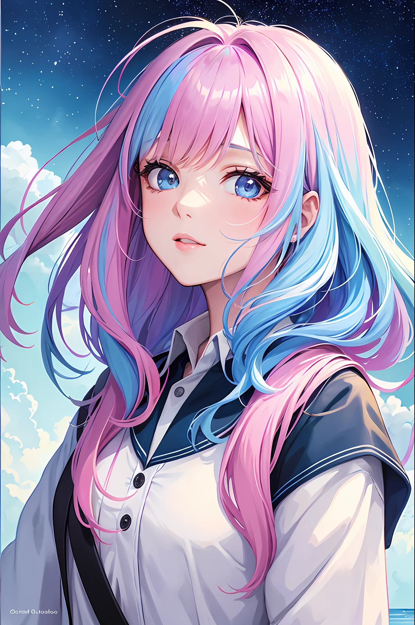 (Masterpiece, Top Quality, Best Quality, Watercolor (Medium), Official Art, Beautiful and Aesthetic: 1.2), (1 Girl: 1.3), (Fractal Art: 1.3), Upper Body, From the Side, Look at the Viewer, Pattern, (Iridescent Hair, Colorful Hair, Half Blue and Half Pink Hair: 1.2), Water, Liquid, Clouds, Colorful, Starry Sky, Stars, School Uniform, Clock