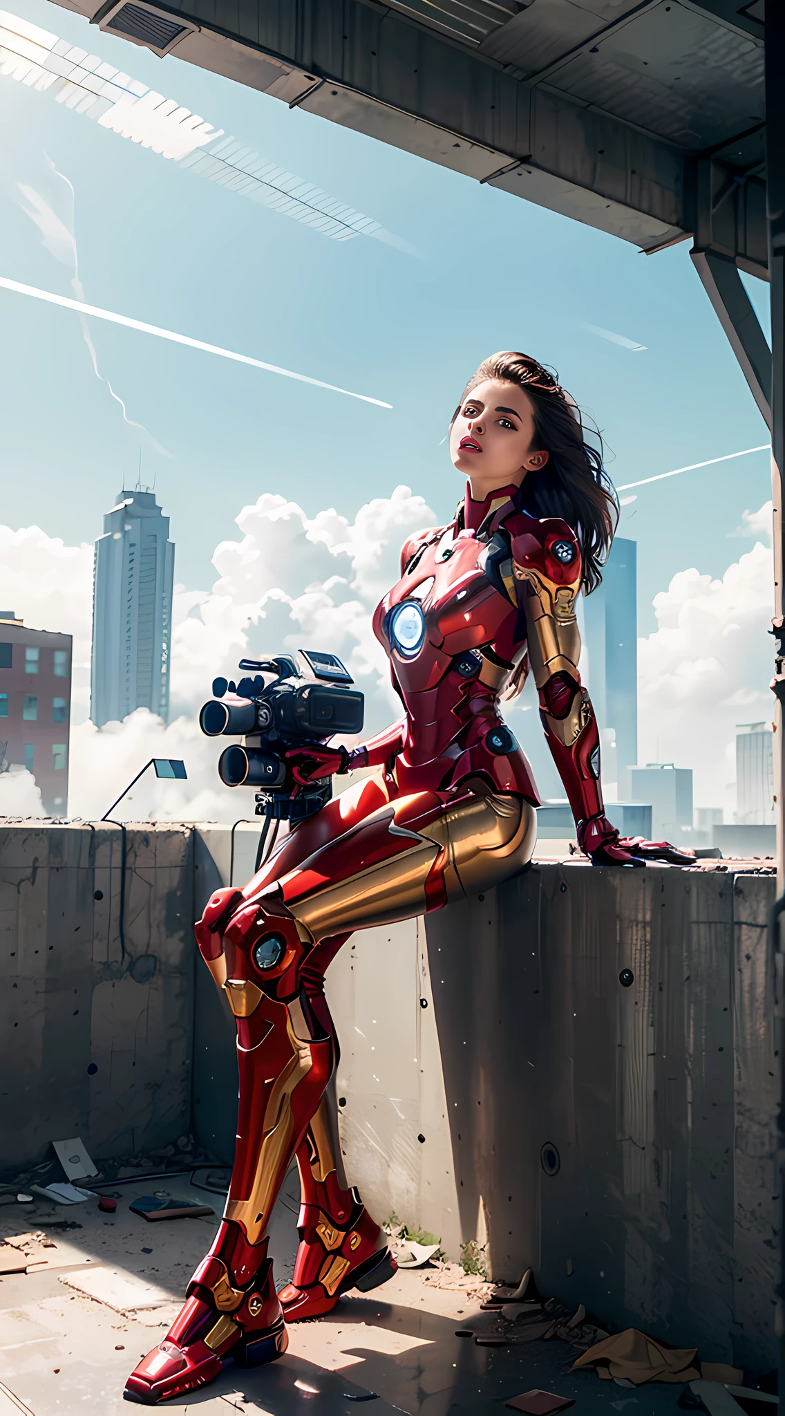 RAW, Masterpiece, Ultra Fine Photo,, Best Quality, Ultra High Resolution, Photorealistic, Sunlight, Full Body Portrait, Stunningly Beautiful,, Dynamic Poses, Delicate Face, Vibrant Eyes, (Side View) , she is wearing a futuristic Iron Man mech, red and gold color scheme, highly detailed abandoned warehouse background, detailed face, detailed and complex busy background, messy, gorgeous, milky white, high detailed skin, realistic skin details, visible pores , sharp focus, volumetric fog, 8k uhd, dslr camera, high quality, film grain, fair skin, photorealism, lomography, sprawling metropolis in futuristic dystopia, view from below, translucent