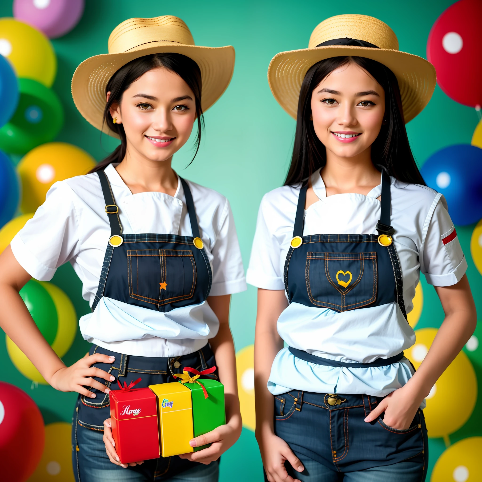 Best quality, realistic, award-winning illustration, (tricky detail: 1.2), (fine detail), (tricky detail), (cinematic lights, best quality), sharp lines, sharp focus, official artwork, 16k, A couple, A beautiful woman next to a man with a smiling face, wearing straw hat, wearing June party hat, June parties, white graffiti splash background, a beautiful young chef, wearing black apron with colorful blouse emblazoned in June party colors, wearing jeans, medium black hair, holding a large can of delicious candy, creamy candy splash, colorful paper flags in the background, character design by george lucas style, white background, 8k, uhd, severe low lighting, high quality, sharp focus, fujifilm XT3