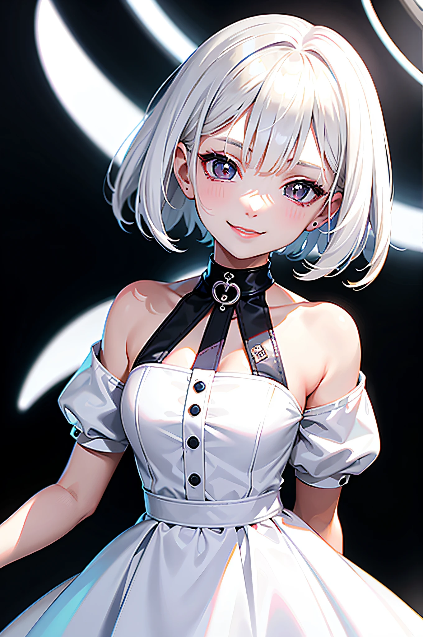 Top quality, super high resolution, one girl, white hair, short bop hair, smiling, white button shirt, black skirt, black choker, cute, (Kpop Idol), (charming monkey: 1), (platinum blonde hair: 1), (puffy eyes)), looking observer side, upper body, facing front