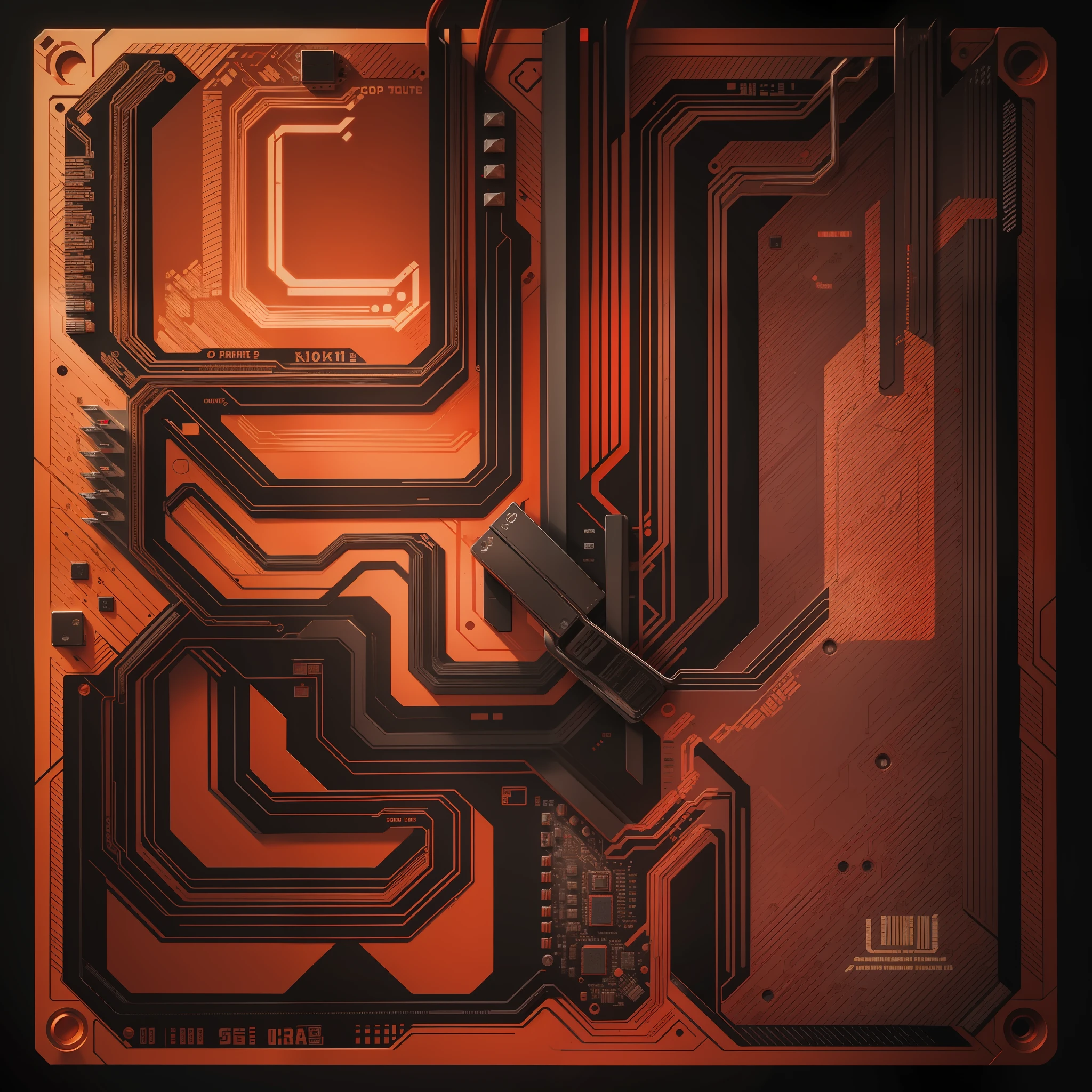Red circuit board top-down view with black circuit traces, white symbols