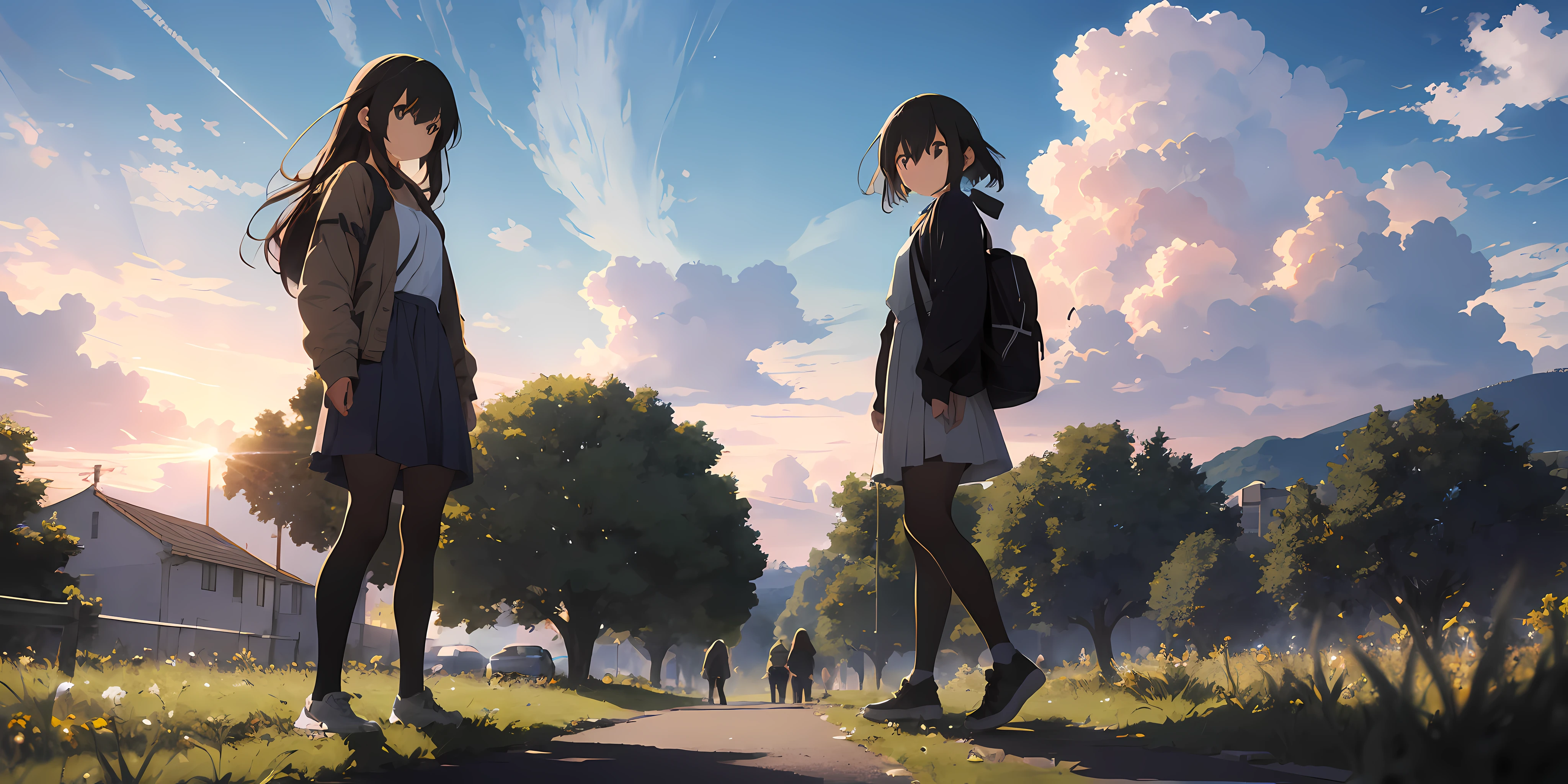 absurdres, highres, ultra detailed, a couple of people that are standing in the grass, anime sky, standing in road, morning time, beautiful visuals, with people watching in wonder, centimeters away from my face, absolutely outstanding image, right side composition, in a cinematic wallpaper, in the forecasted sky, discovered photo