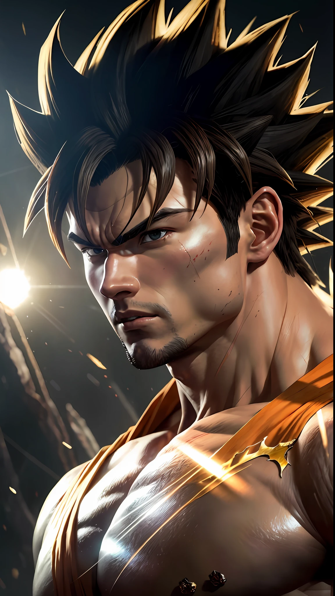 8k portrait of son goku muscular, intricate, elegant, highly detailed, majestic, digital photography, art by artgerm and ruan jia and greg rutkowski, broken glass (masterpiece, side lighting, beautiful finely detailed eyes: 1.2), hdr,
