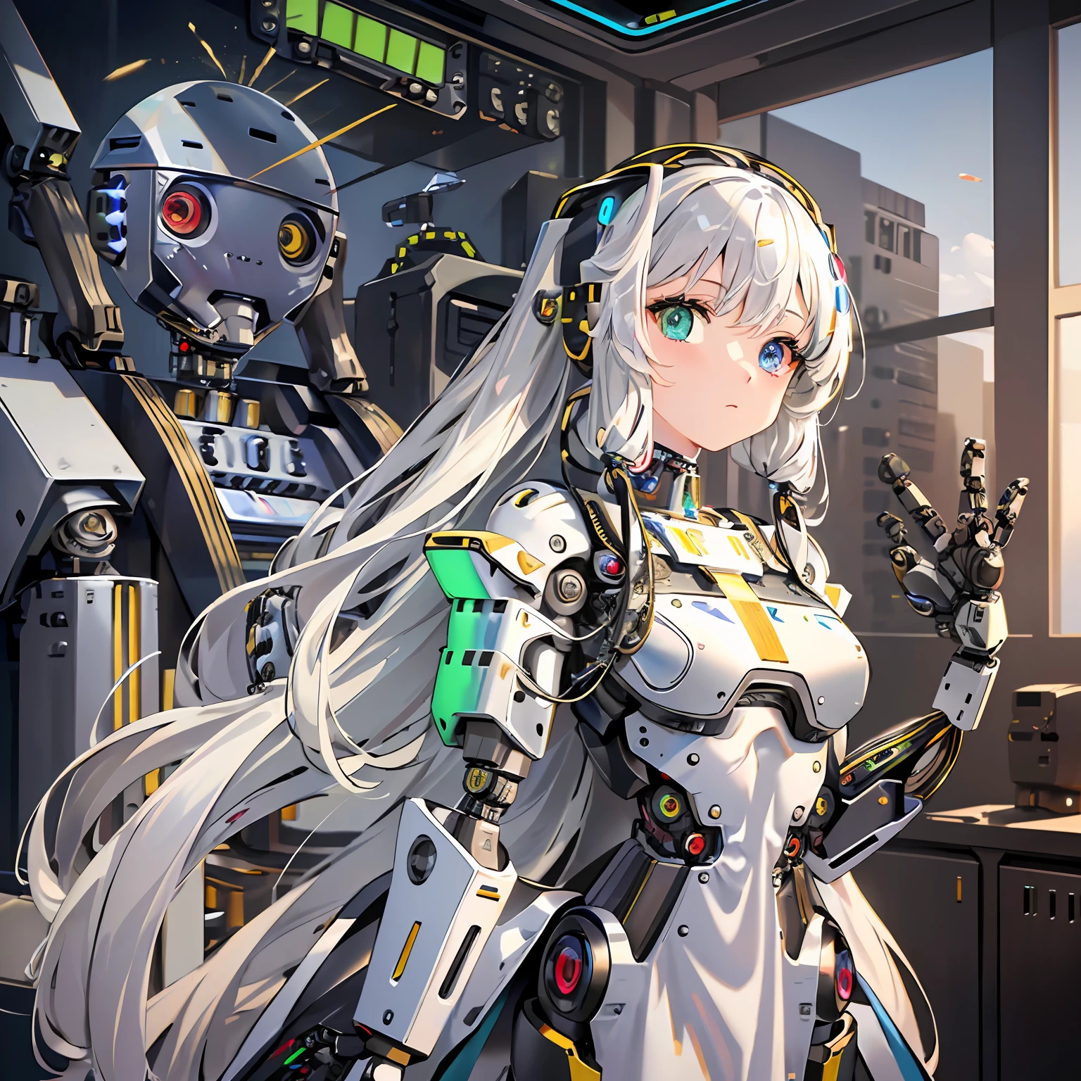 (masterpiece:1.4), (artwork:1.2), (soft and simple colors:1.2), (mechanical arms:1.1), (heterochromia+multicolored:1.33), (1girl:1:1), (long white hair with bangs), (portrait:1:1), (best disinger), (wearing robotic+technological robes:1:2), (extremely drawn eyes:1.3), (well-made iris+painted+perfection:0.8)0.7], (extremely detailed CG 8k unit wallpaper0.6), (machine shop scenario:1:1)