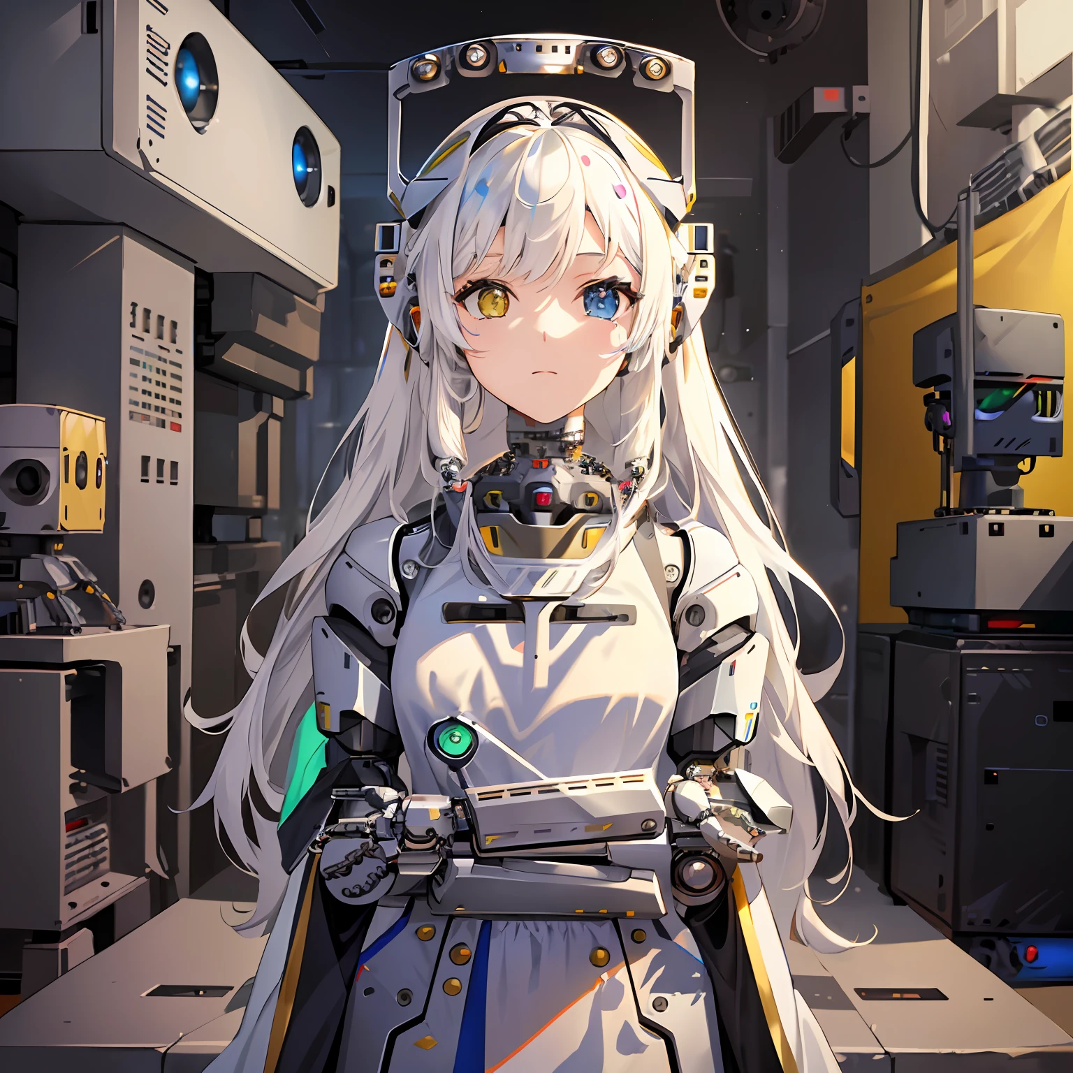 (masterpiece:1.4), (artwork:1.2), (soft and simple colors:1.2), (mechanical arms:1.1), (heterochromia+multicolored:1.33), (1girl:1:1), (long white hair with bangs), (portrait:1:1), (best disinger), (wearing robotic+technological robes:1:2), (extremely drawn eyes:1.3), (well-made iris+painted+perfection:0.8)0.7], (extremely detailed CG 8k unit wallpaper0.6), (machine shop scenario:1:1)
