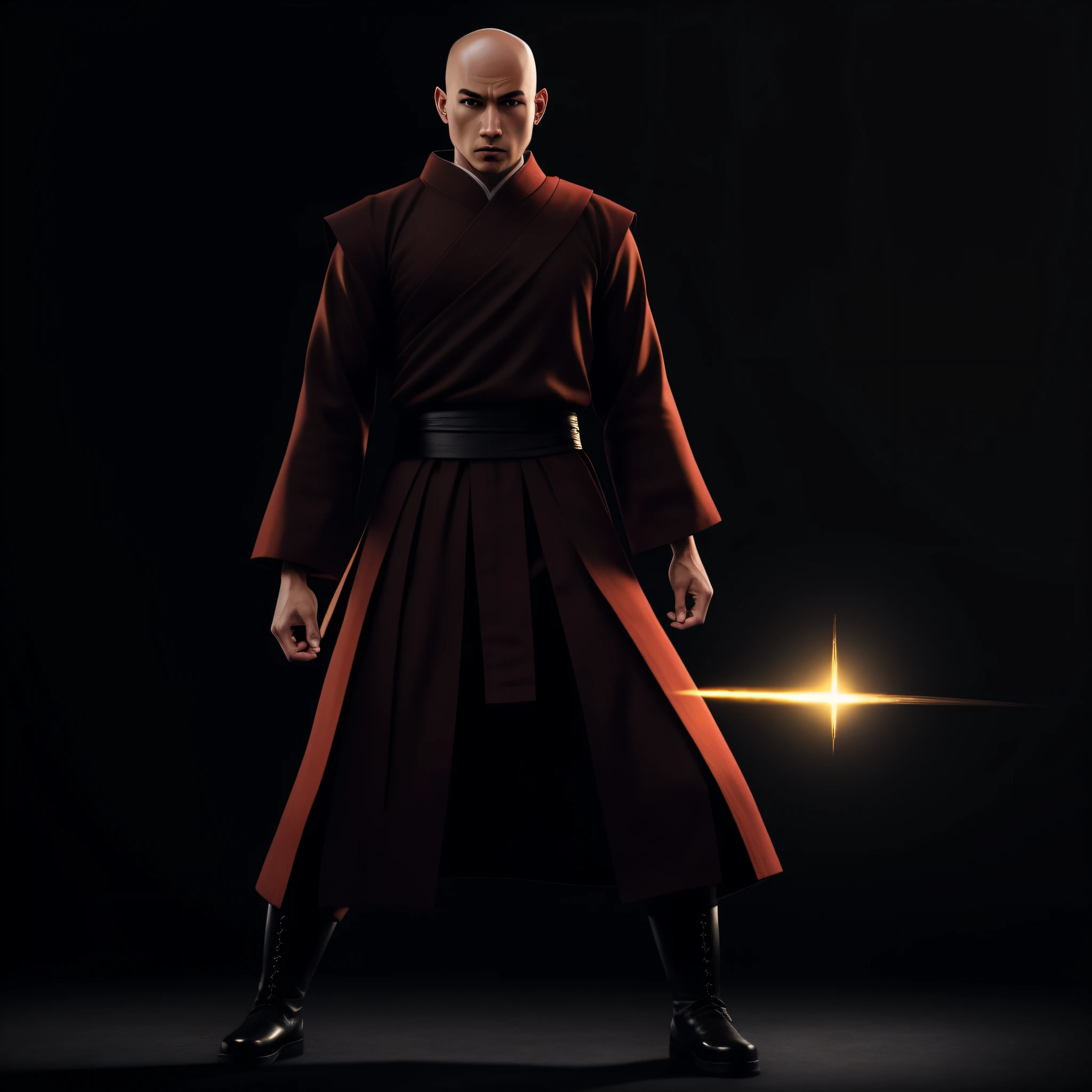 just a monk, monk facing camera, full body, perfect anatomy, perfect hands, intricate detailed, fantasy, magic, martial arts, anger, anger, hd, 8k, shaolin, monk, warrior, artstation, powerful, anime, art, masterpiece, standing, facing camera, no weapons, with hands back, master abbot, brown skin, black skin, brown eyes, trage in colors- black pants, Red sash, green windbreaker, gold details, wearing black boots, white details, clean background, minimalist blue clouds. (perfect body proportion), (hand with five perfect fingers), (perfect anatomy),(bald) hyper-realistic, 8k, mystical, brutal, fight, berserk, anger, anger, hd, 8k, soft lighting,