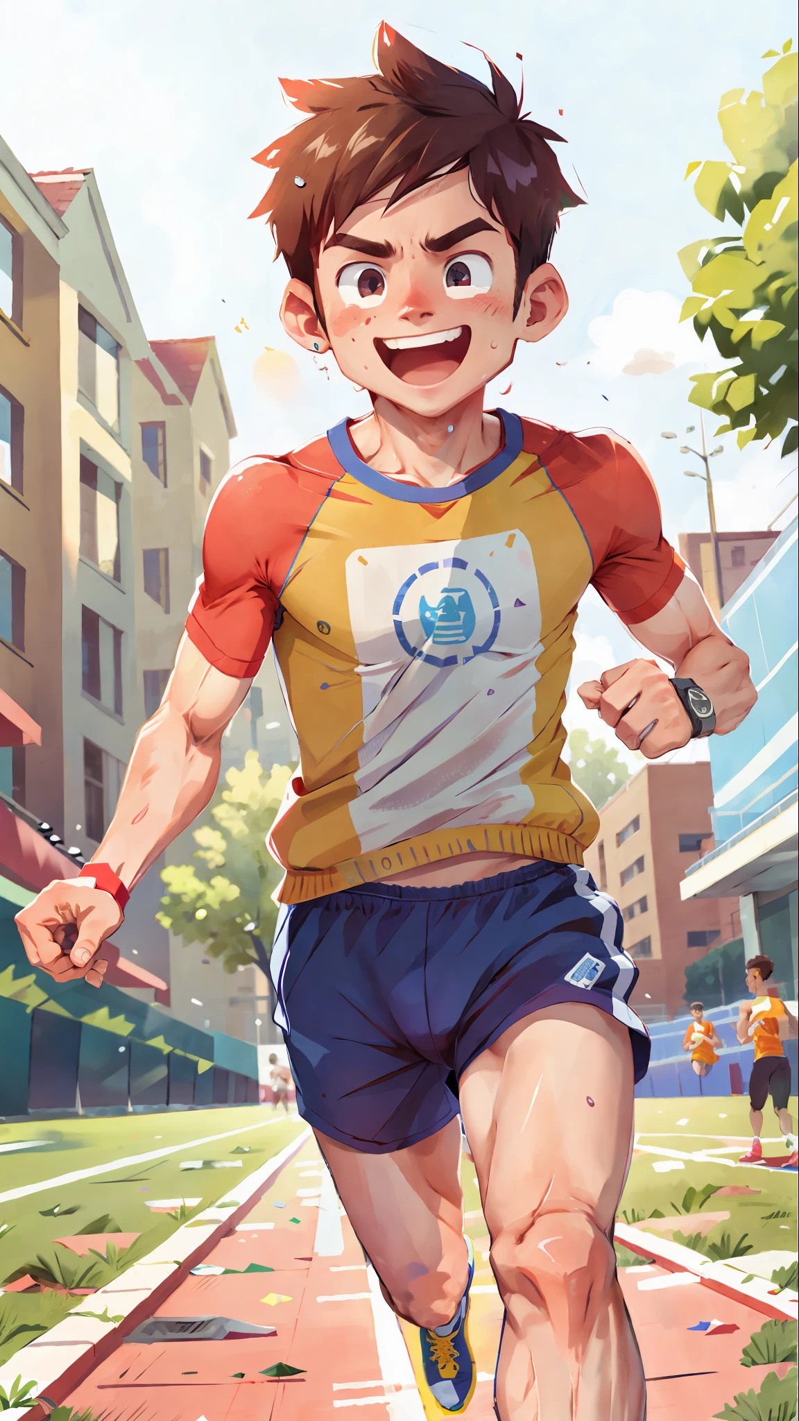 (SFW), running track, male college student running, man, sweaty, happy, happy, perfect quality, clear focus, colorful, perfect face, intricate details, ultra-low viewing angle, wide angle lens --v 6