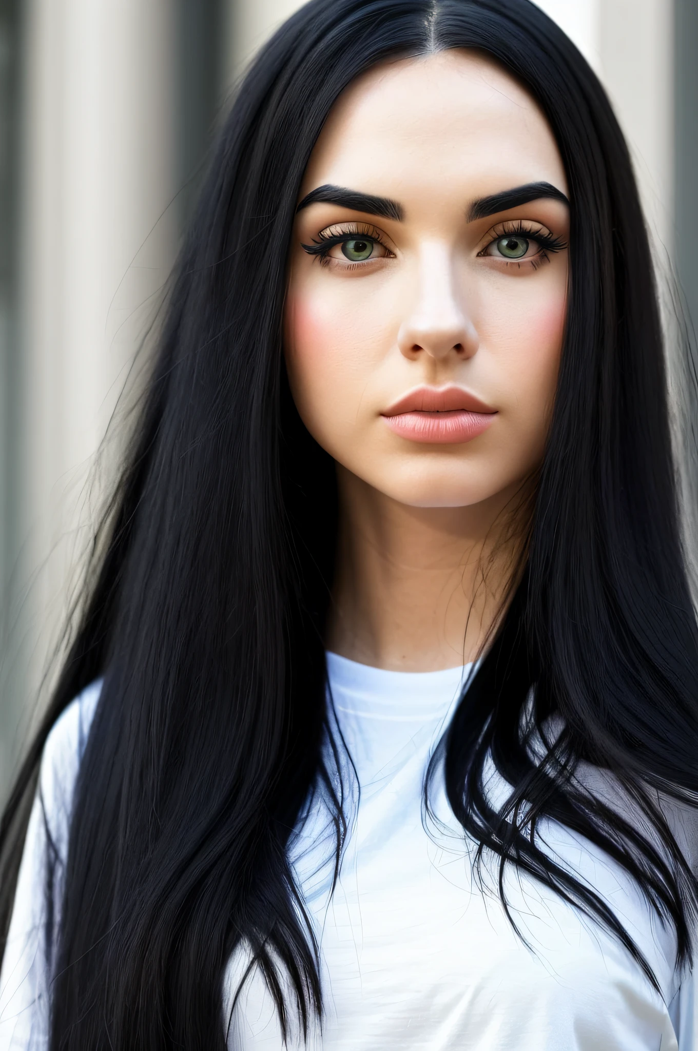 A closeup of a woman with long black hair and a white T-shirt, TikTok video, she's about 29, she's staring at the camera, Ava Max, she's got black hair, her black hair is a long curly, natural light environment, detailed skin, detailed eyes, ultra realistic image, straight face for the camera A naturally beautiful woman, cozy winter, (upper body, (closeup:1.2), head shot), 8K, Raw, UHD, Fujifilm X-T3, close up, highly detailed face, (((glans))), (candid, amateur), body directed forward