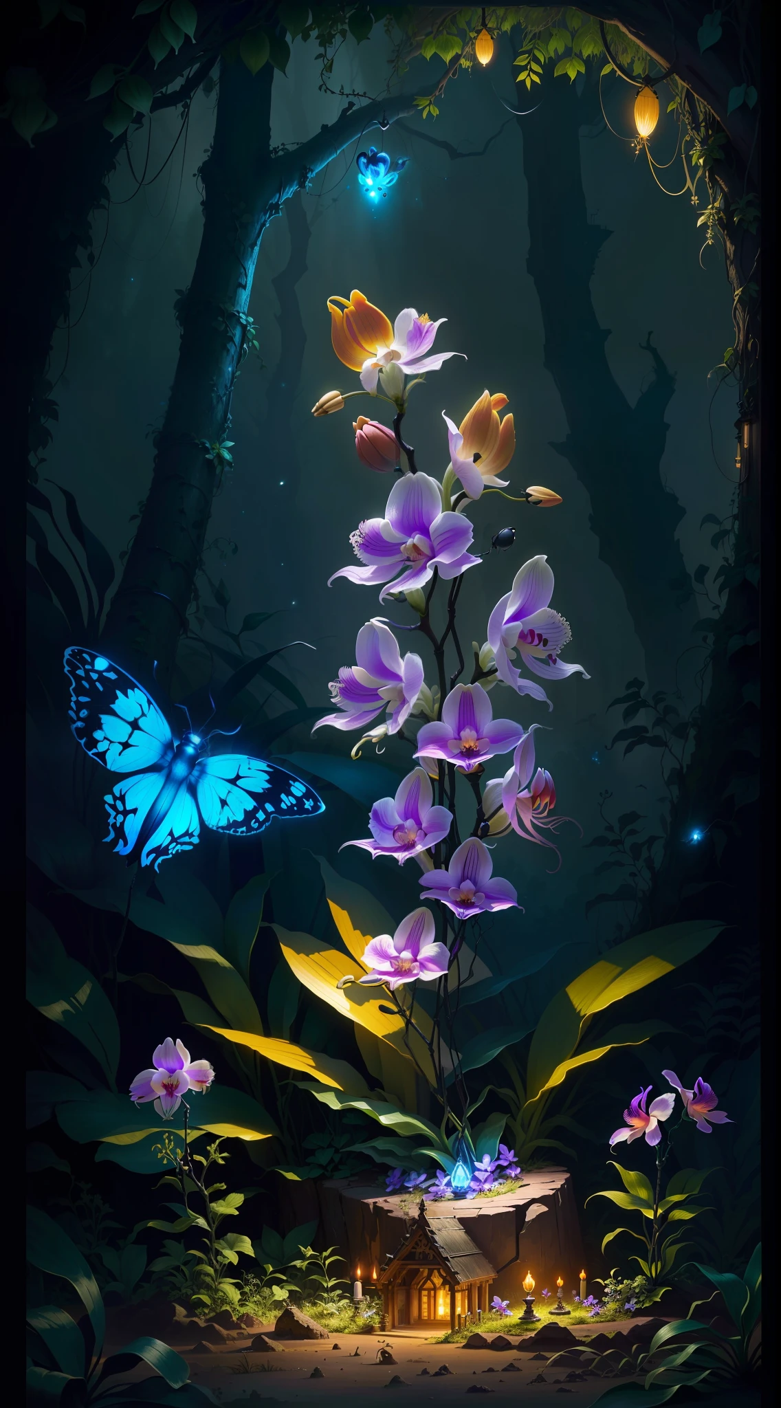 an exorcist style ant hill with beautiful orchids around and fireflies, it is surrounded by strange power,there are also some treasures around, with some magical visual effects, fantasy, ambiance hd, HDR, 4k upscalen v--4.