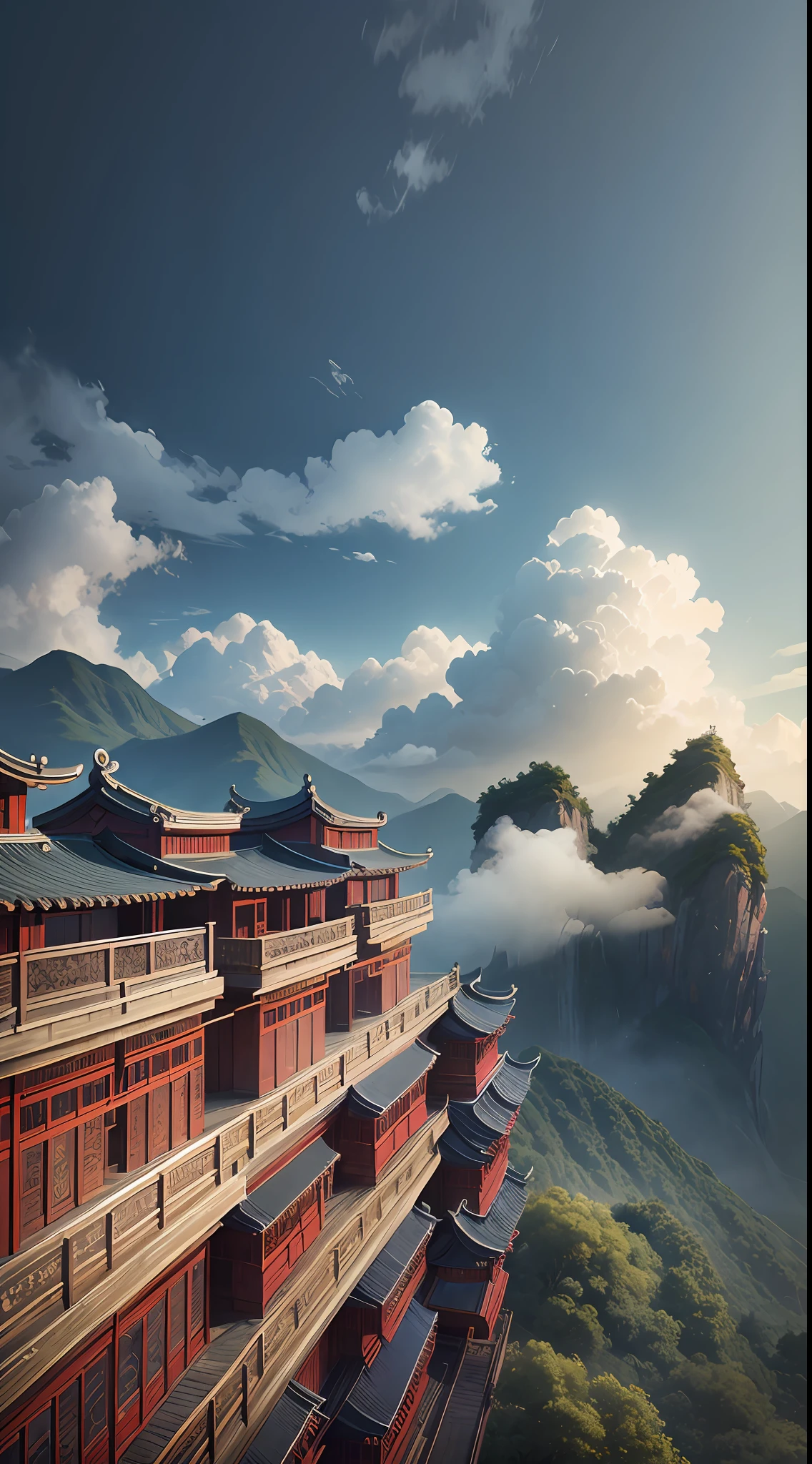 Mountains, Chinese-style buildings, cloudy and misty, real, scenery Xiuxian Lofts are lined up --auto --s2