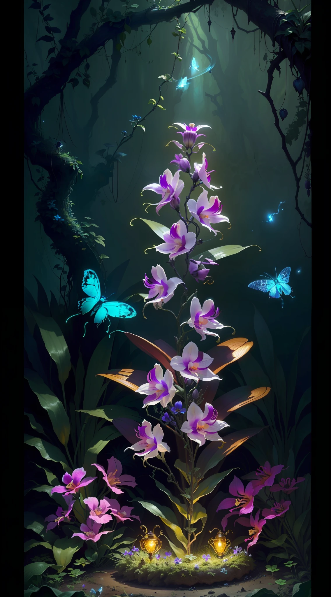 an exorcist style ant hill with beautiful orchids around and fireflies, it is surrounded by strange power,there are also some treasures around, with some magical visual effects, fantasy, ambiance hd, HDR, 4k upscalen v--4.