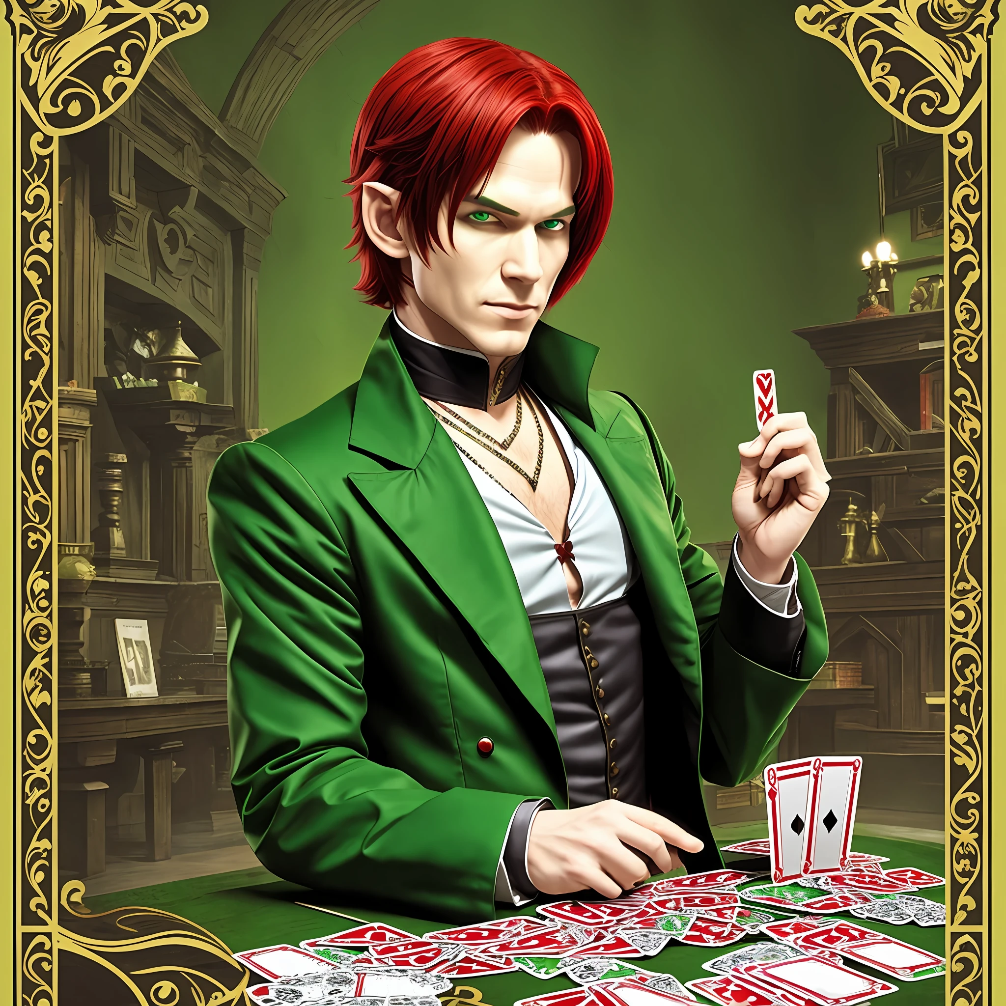 The Matrix, Harlequin Man, elf, short red hair, playing card in hand, green jester costume --auto --s2