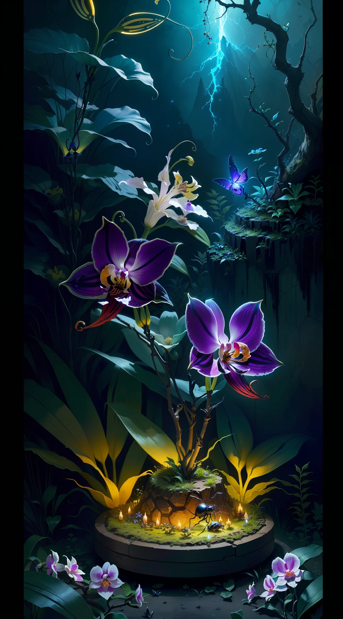an exorcist style ant hill with beautiful orchids around and fireflies, it is surrounded by strange power,there are also some treasures around, with some magical visual effects, fantasy, ambiance hd, HDR, 4k upscalen v--4.