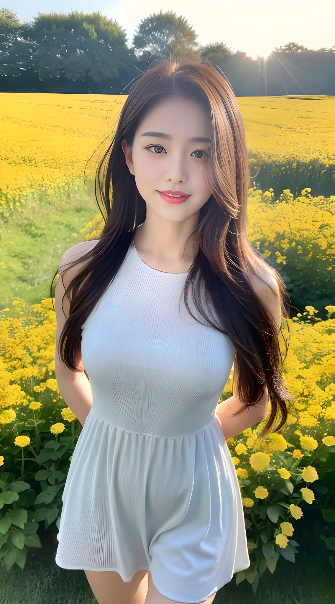 ((Best Quality, 8K, Masterpiece: 1.3)), girl around 20 years old, simple, extremely beautiful and delicate, (light makeup), black hair, sweet smile, delicate and beautiful fair skin, realistic and realistic, delicate and complete facial features, detailed facial portrayal, obsidian-like beautiful big eyes, high nose bridge, red lips, beautiful gentle beautiful girl, flowing smooth hair, extremely delicate hair, feminine temperament, face light, surreal, realistic, 8K picture quality, extreme details, realistic details, master works , realistic extreme, body, absolutely beautiful, pure desire, stunning beauty, peerless beauty, highest image quality, 8k resolution, goddess, smile, fine facial features, long hair and waist, long thick legs, beautiful short dress, sunshine, facing the camera, well-proportioned and firm figure, gentle eyes, exposed thighs, in a beautiful rape flower field, full body photo