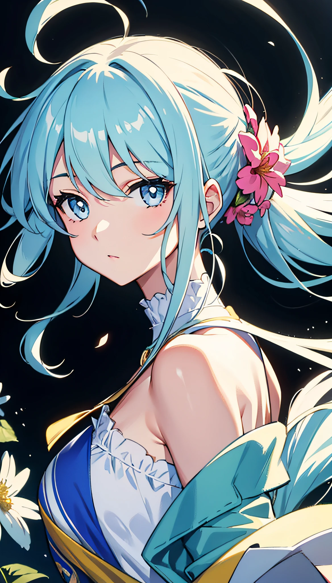 (masterpiece), (best quality), (ultra detailed),(disheveled hair),(illustration), (1girl), (Fashionable clothing), standing, Fashion model, looking at viewer, (interview), (simple background),beautiful detailed eyes, delicate beautiful face, Floating,(high saturation),(colorful splashes),colorful bubble,(shining), focus on face,  ponytail, kamisato ayaka, light blue hair, bangs, hair ring, floating flowers, floating hairs, (shining), best lighting, best shadow,