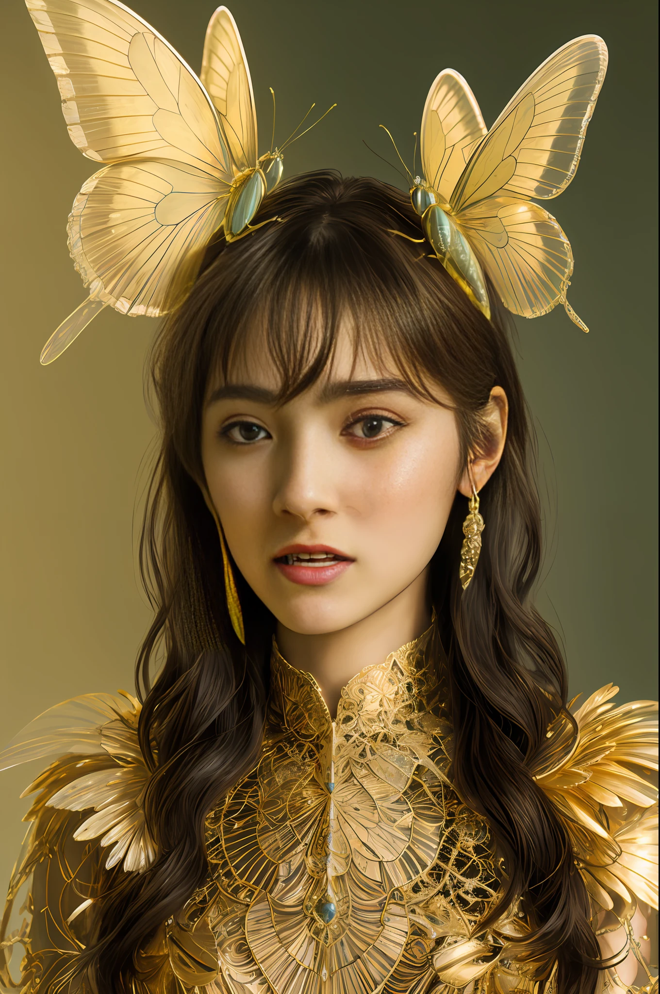 Portrait of a beautiful cyborg with 8k brown hair, intricate, elegant, highly detailed, majestic, digital photography, art by artgerm and Ruan Jia and Greg Rutkowski, surreal painting, golden butterfly filigree, broken glass, (masterpiece, side light, delicate beautiful eyes: 1.2), Human Development Report