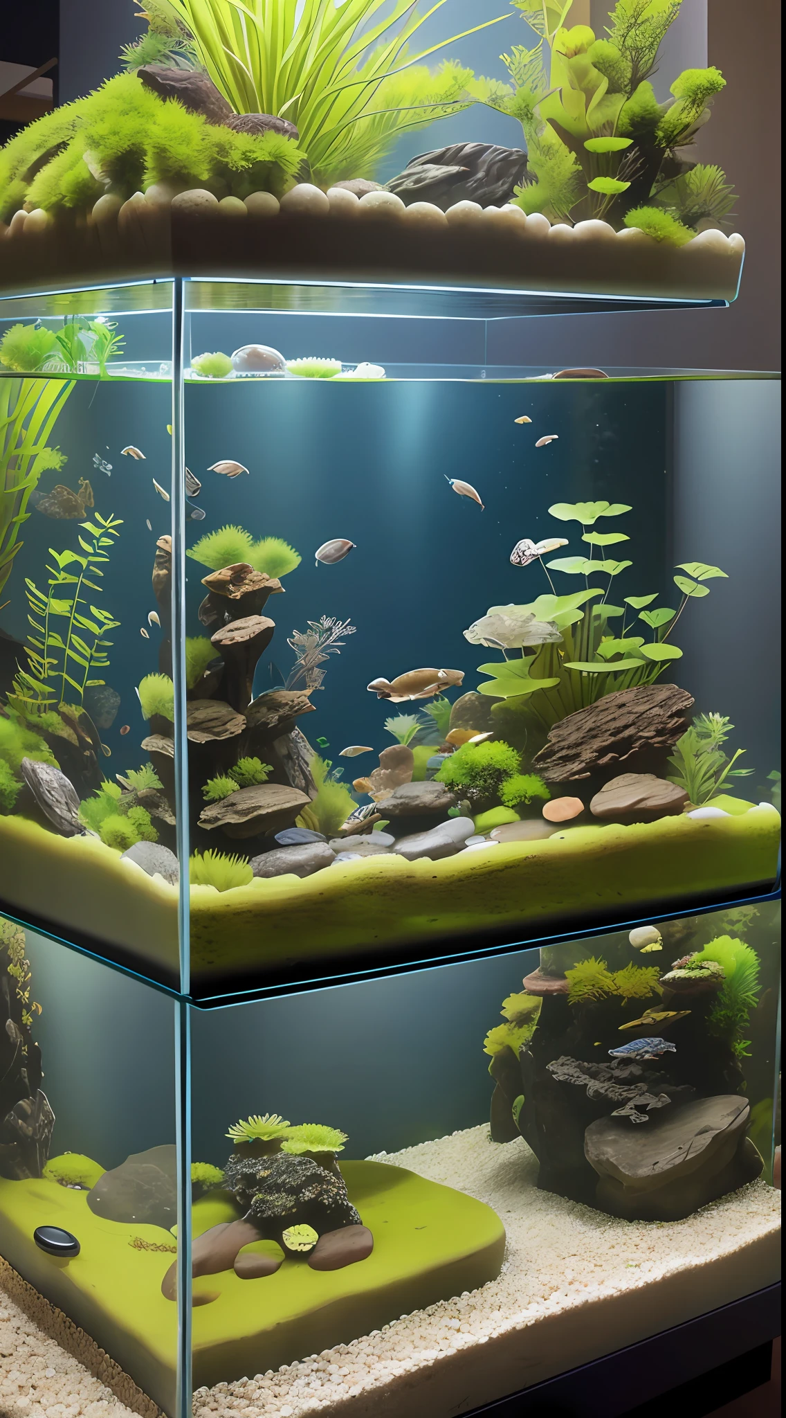 There is a mossy fish tank placed on the living room table, interior background, Iwamura aquarium landscape, overwhelming depth and detail, aquatic plants, minimalist environment, realistic shooting, detail, 8k, Sony a6600 Mirrorless Camera, embellish2, focal length 35mm,