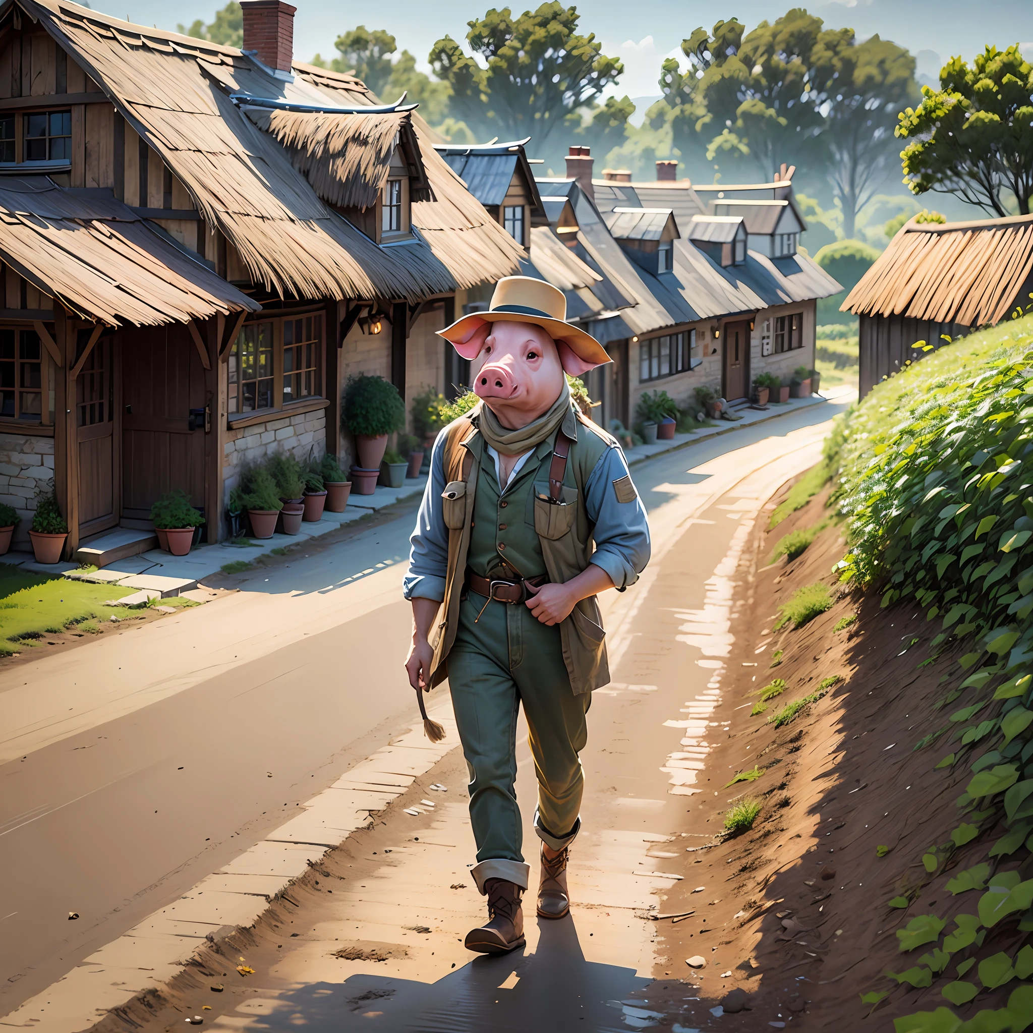 Pig standing in farmer's clothes, in freight to a thatched house --auto --s2