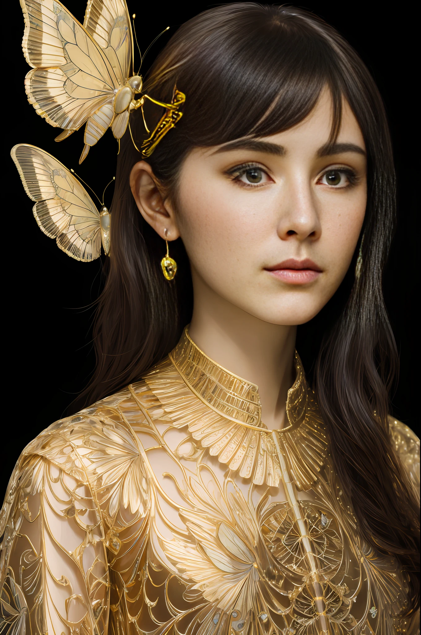 Portrait of a beautiful cyborg with 8k brown hair, intricate, elegant, highly detailed, majestic, digital photography, art by artgerm and Ruan Jia and Greg Rutkowski, surreal painting, golden butterfly filigree, broken glass, (masterpiece, side light, delicate beautiful eyes: 1.2), Human Development Report