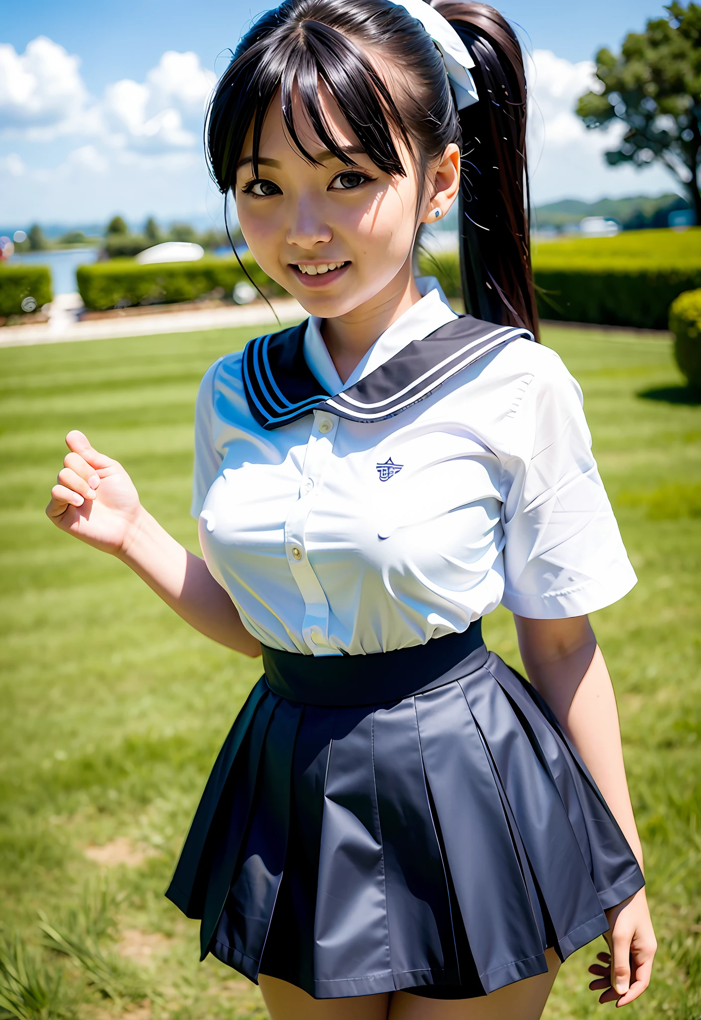 best quality, ultra high res, (photorealistic:1.4), cosplay picture,
(1 japanese girl), high school girl, idol,
((ponytail)), white hair ribbon, hair bang, floating hair,
big eyes, light smile,
sailor suit school uniform, (((sailor collar))), black tie, white shirt, short sleeves, black skirt, pleated skirt, floating skirt, black thigh high socks,
garden background, sunlight, wind,