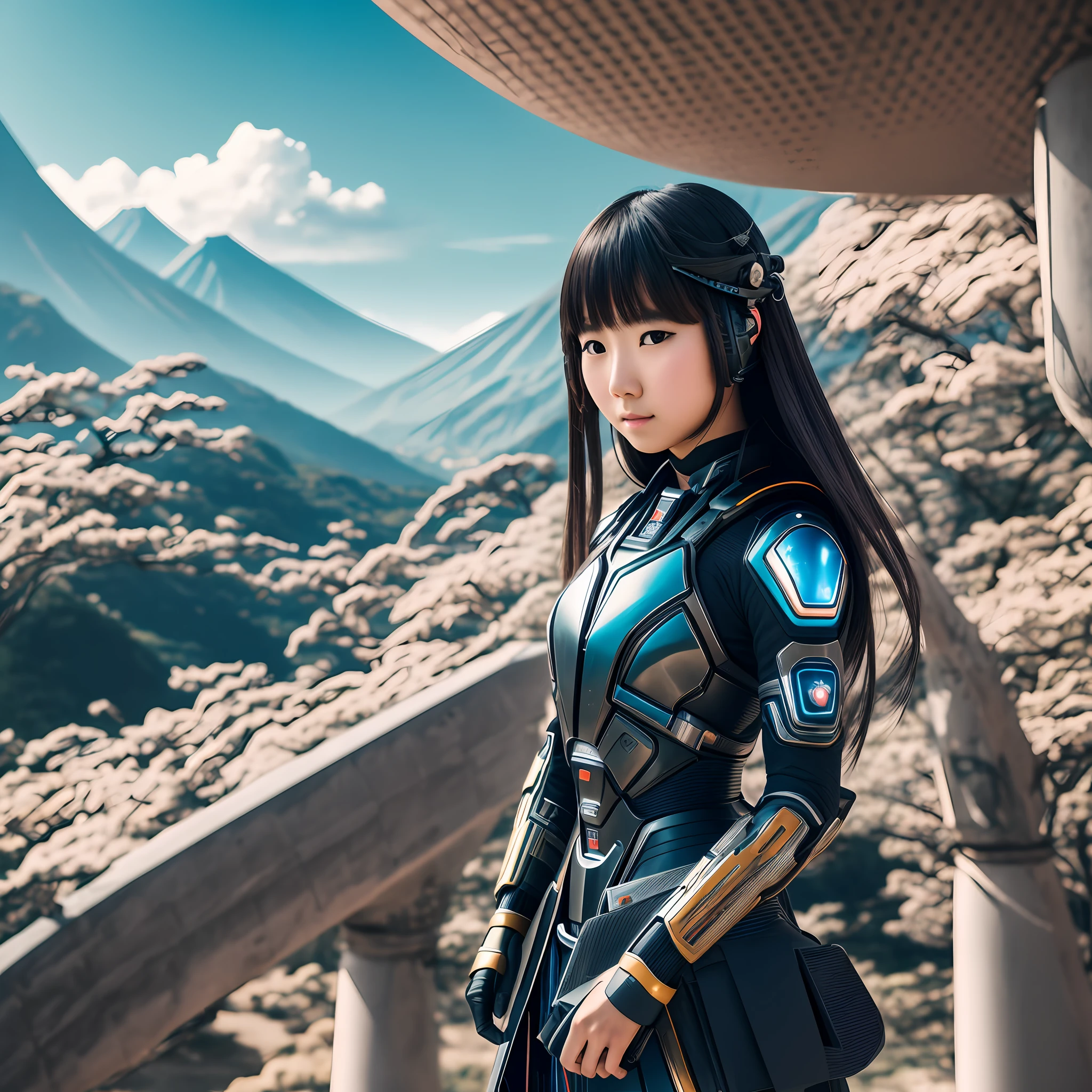 Japanese technological beautiful asian girl in a futuristic landscape 8k, uhd, severe low lighting, high quality, sharp focus, fujifilm XT3 --auto --s2