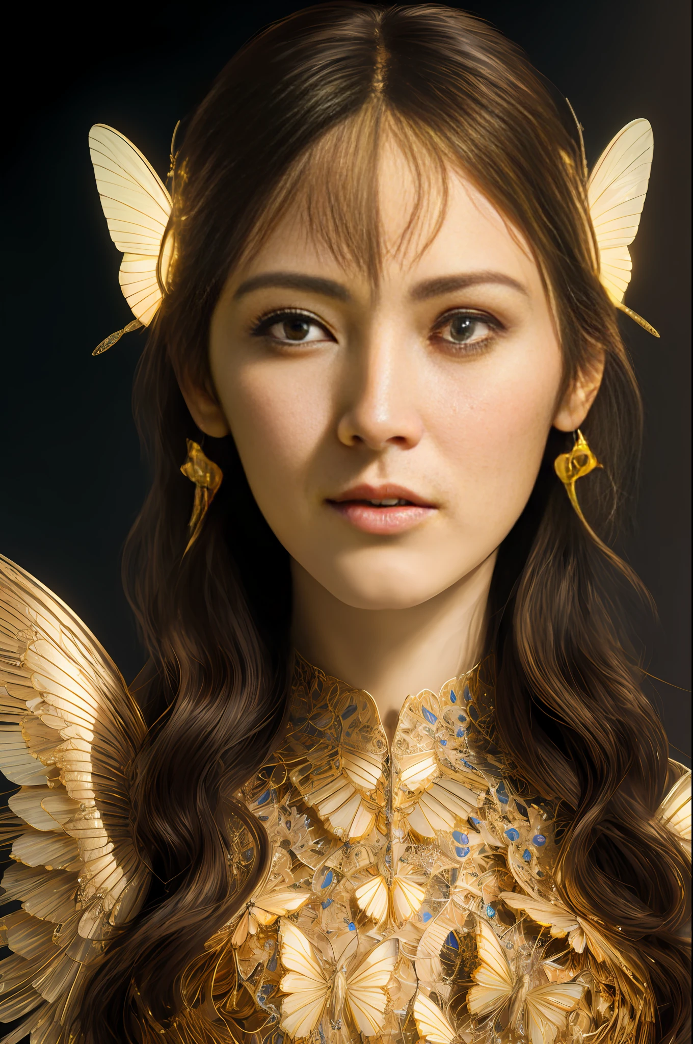 Portrait of a beautiful cyborg with 8k brown hair, intricate, elegant, highly detailed, majestic, digital photography, art by artgerm and Ruan Jia and Greg Rutkowski, surreal painting, golden butterfly filigree, broken glass, (masterpiece, side light, delicate beautiful eyes: 1.2), Human Development Report