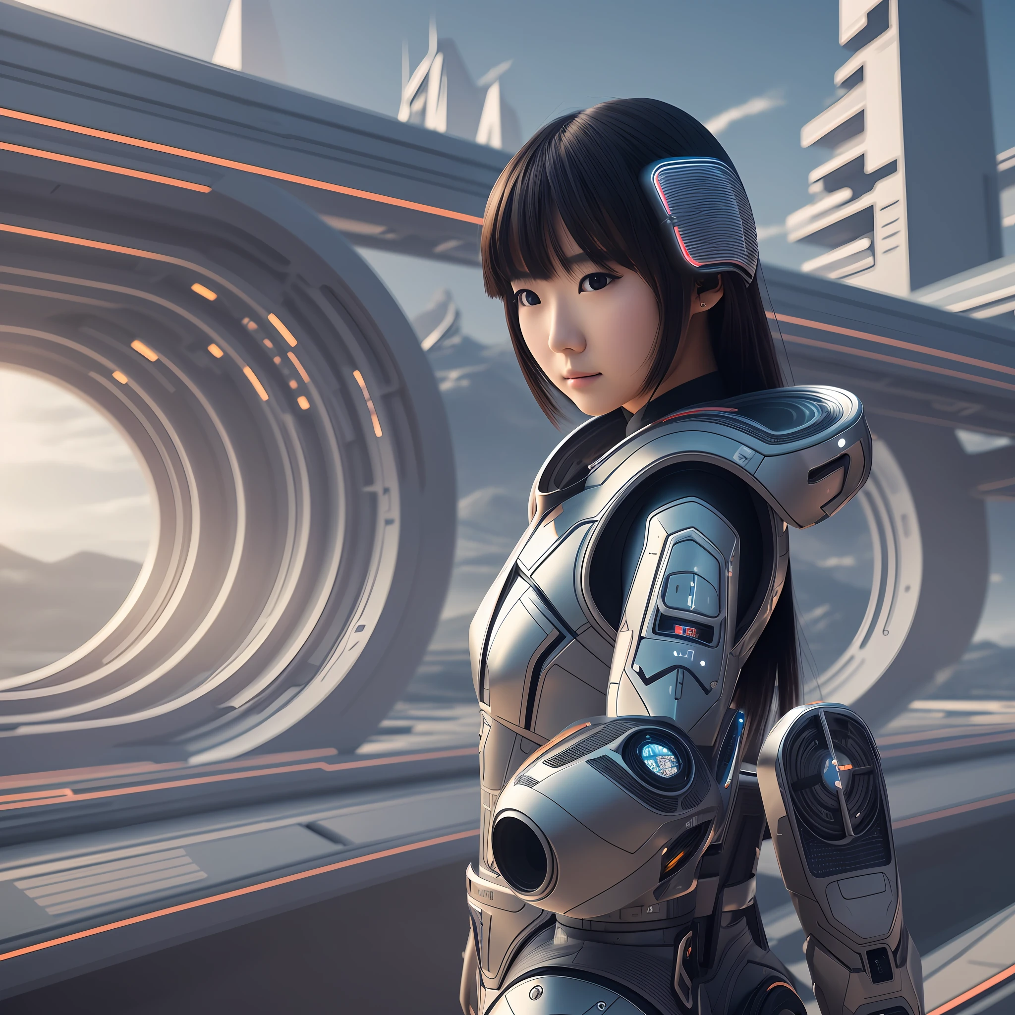 Japanese technological beautiful asian girl in a futuristic landscape 8k, uhd, severe low lighting, high quality, sharp focus, fujifilm XT3 --auto --s2