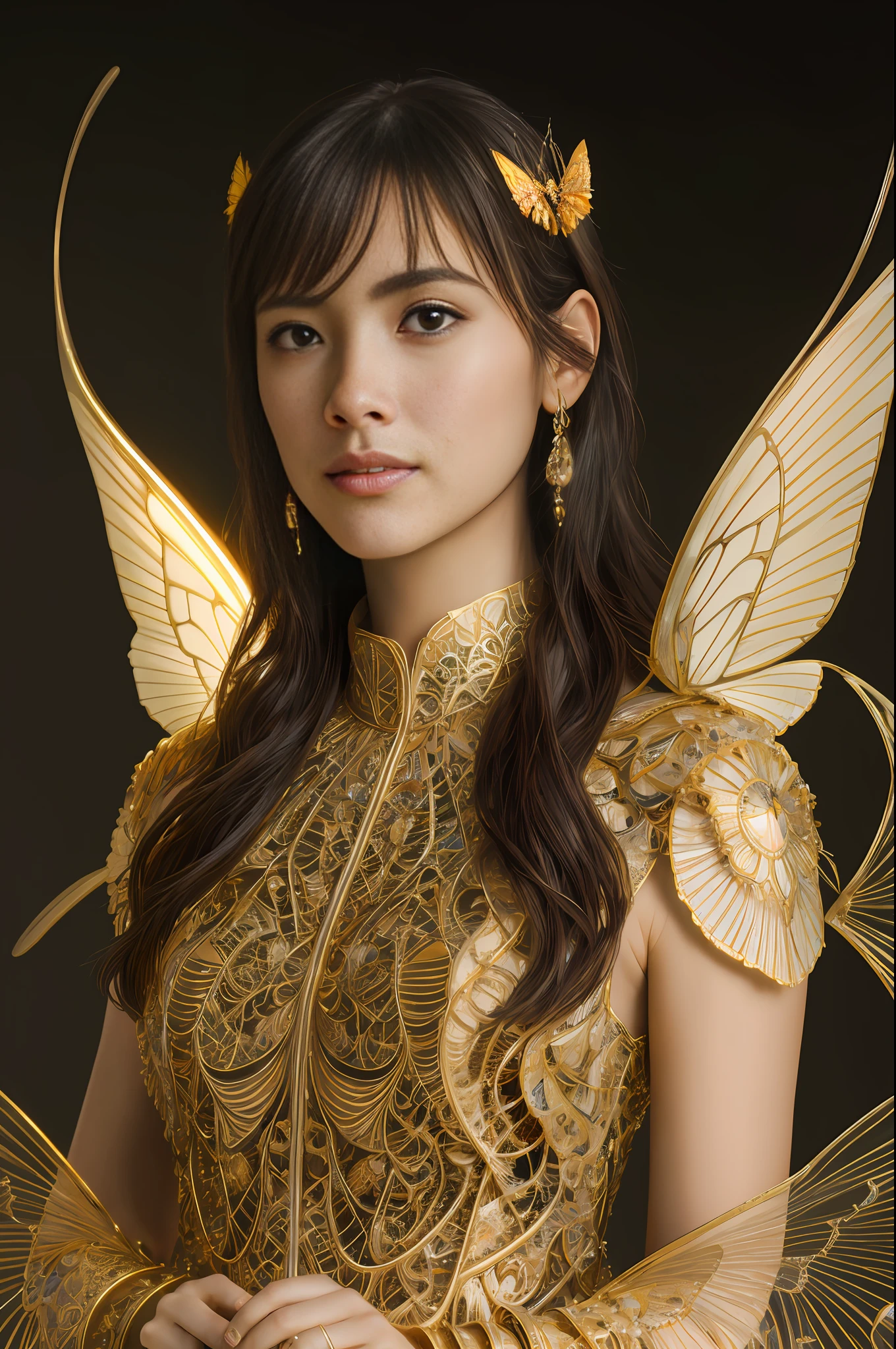 Portrait of a beautiful cyborg with 8k brown hair, intricate, elegant, highly detailed, majestic, digital photography, art by artgerm and Ruan Jia and Greg Rutkowski, surreal painting, golden butterfly filigree, broken glass, (masterpiece, side light, delicate beautiful eyes: 1.2), Human Development Report