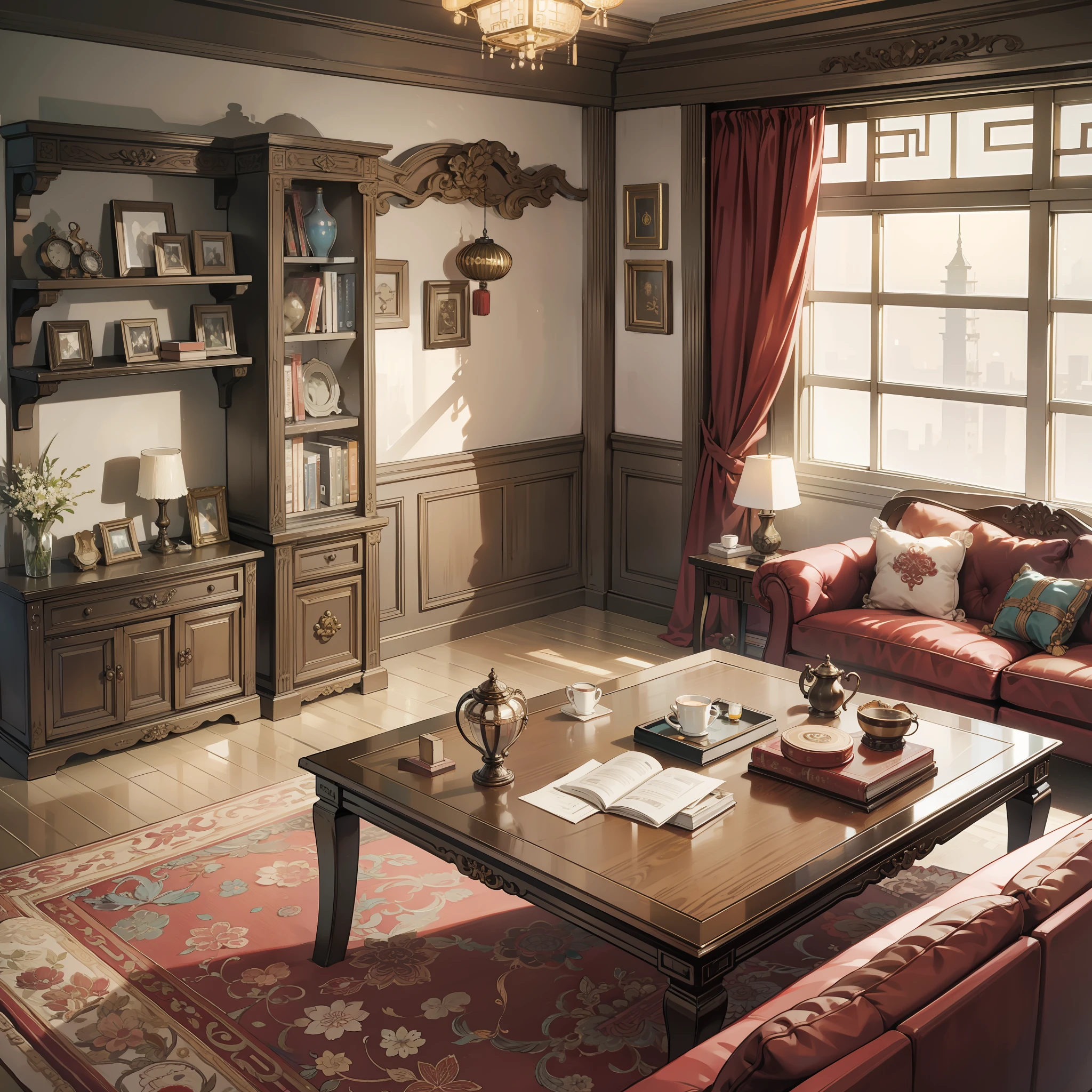 In the room, there is a sofa and a table with a book and a cell phone, sofa table, study, Chinese text, visual novel CG, realistic footage, leaked footage