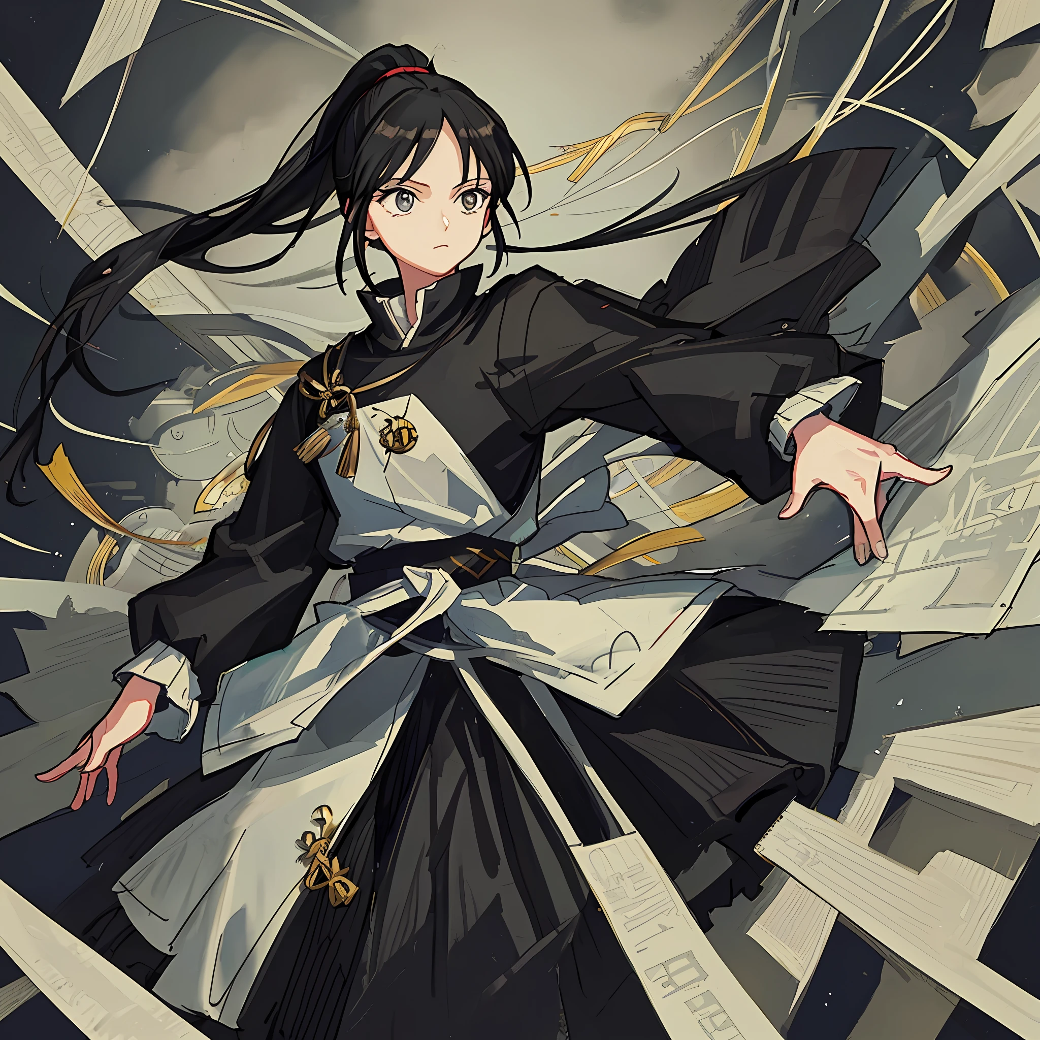 (Masterpiece), (Best Quality), (Super Detail),(Illustration), 1 Woman, Black Hair, Ponytail Hair, Black Clothing, by Yoshihiro Togashi, Manipulating Black Shadows.