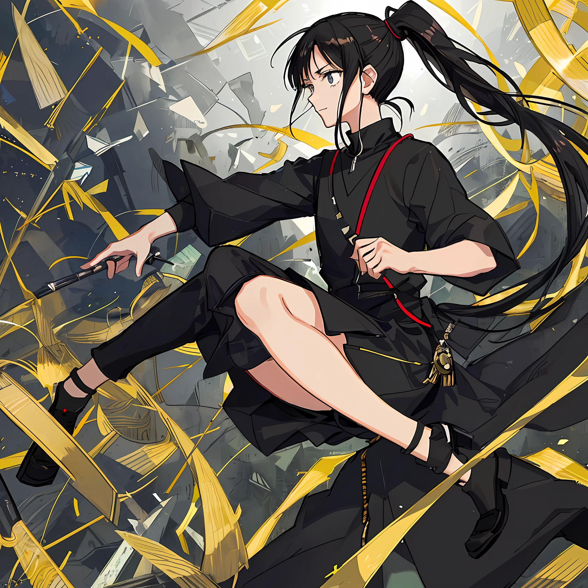 (Masterpiece), (Best Quality), (Super Detail),(Illustration), 1 Woman, Black Hair, Ponytail Hair, Black Clothing, by Yoshihiro Togashi, Manipulating Black Shadows.