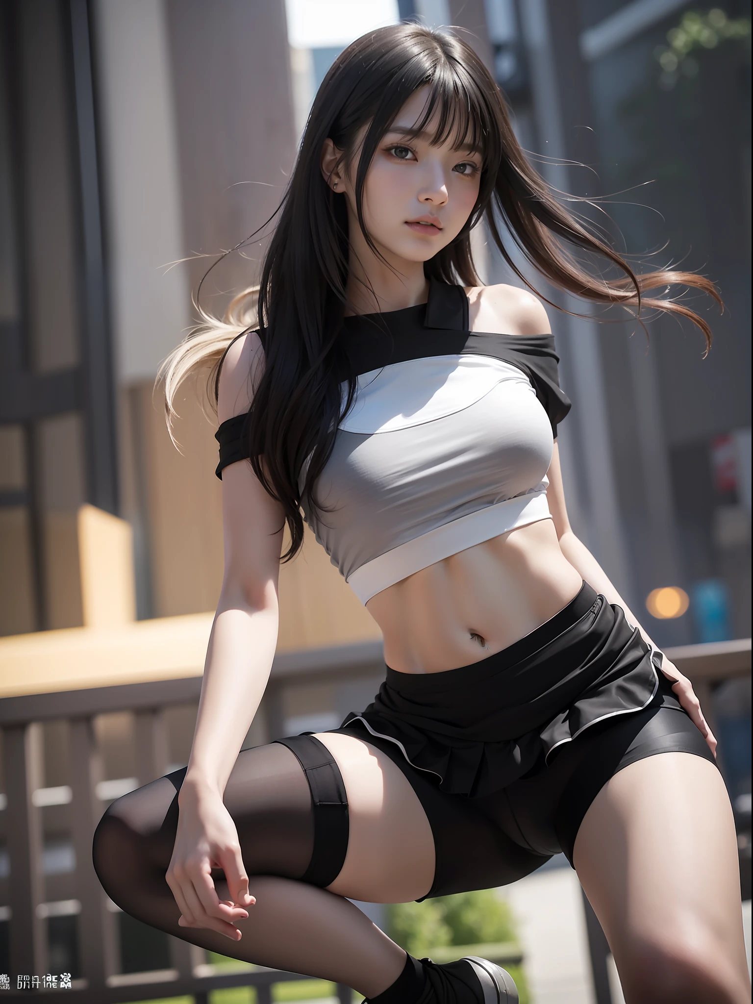 masterpiece, masterpiece, best quality, best quality, real, unity, 8k wallpaper, official art, highly detailed cg unity 8k wallpaper, ulzzang-6500, (original: 1.2), (real: 1.4), mix4, (8k, RAW photo, highest quality, masterpiece: 1.27), si (realistic, photorealistic: 1.37), photon mapping, radiosity, one girl, mature, cool, professional lighting, physically based rendering, squatting, overhead view, hair fluttering in the wind, blurred background, handsome, masterpiece, highest quality, high quality, highest quality photo, high resolution, 1080p, (delicate skin), (clear face), (detailed face description), (detailed hand description), (masterpiece), (elaborate cg), (detailed facial features), (highest quality photo), (masterpiece), ( Detailed Eyes), Pleated Skirt, ((Black spandex shorts:1.37)) Skirt, shorts under skirt, lively girl,