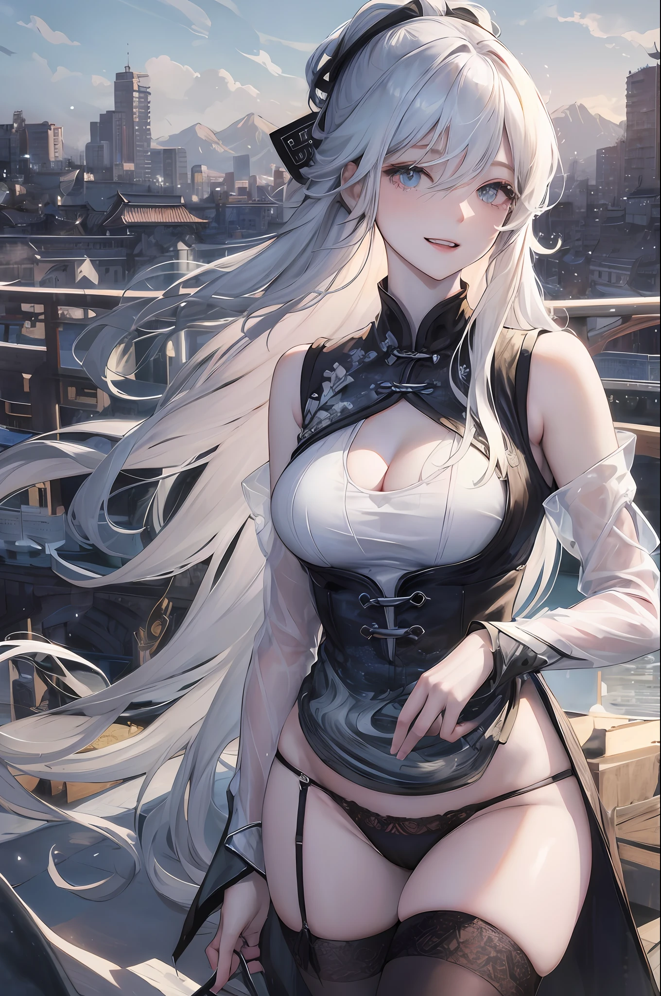 Official Art, Masterpiece, Sharp Focus, (Beautiful Gorgeous Cute Chinese Woman: 1.3), (Beautiful and Lovely Chinese: 1.3), Chinese Beauty, Delicate Beautiful Hair and Eyes and Face Reaching the Ground, Realistic, Ultra-detailed, Beautiful Girl, Fine Light Rain, Wet Clothes, Glowing White Particles, (Sidelighting: 1.2), Sunlight, White Clouds, Detailed Clouds, Slender, Cute Big Breasts Big Buttocks, Toothy Smile ((Laughing with Eyes Open)), Landscape, Long Straight Hair, Sexy facial expressions, mountains and rivers on background, damp clothing clinging to body curves, (cityscape:1.7), dynamic hair, long straight hair, delicate colored hair, glowing heterochromic pupils, (upper body tight vest, thong ), black stockings, pale skin, hair accessories, epic landscapes, collars and hair accessories, especially long hair