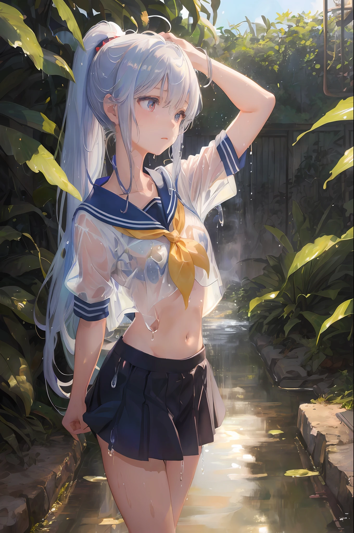 Cornflower art, dreamy, (masterpiece, top quality, perfect anatomy, beautiful face, realistic, super detailed, 1 girl, 18 ears senile, solo, depth of field, canon 24mm lens, f1.4, cute_girl, sailor_ collar, clear facial features, short sleeves, small breasts, slender stature, height 170, barefoot, double ponytail, bangs, gravure pose, outdoor, jungle, Blurred background, (Uwabaki: 1.1576)) Drenched all over the body, clear liquid dripping from the crotch, the front of the shirt is exposed, the breasts are visible, the plaid bra, light blue striped buns,