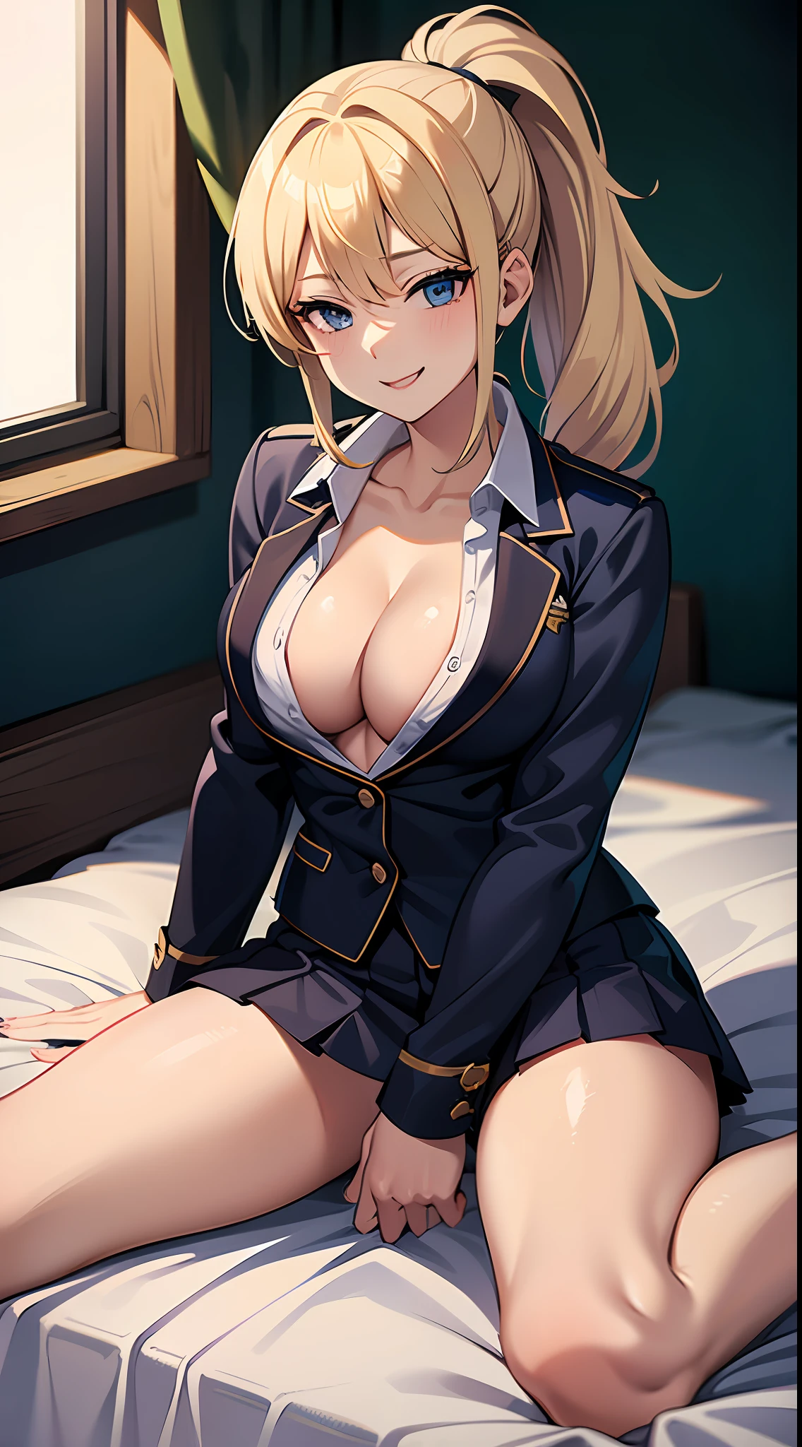 1girl, masterpiece, best quality, medium full shot, blonde ponytail, ((unbuttoned school uniform, cleavage, sexy body)), smiling, erotic pose, busty, sitting on bed