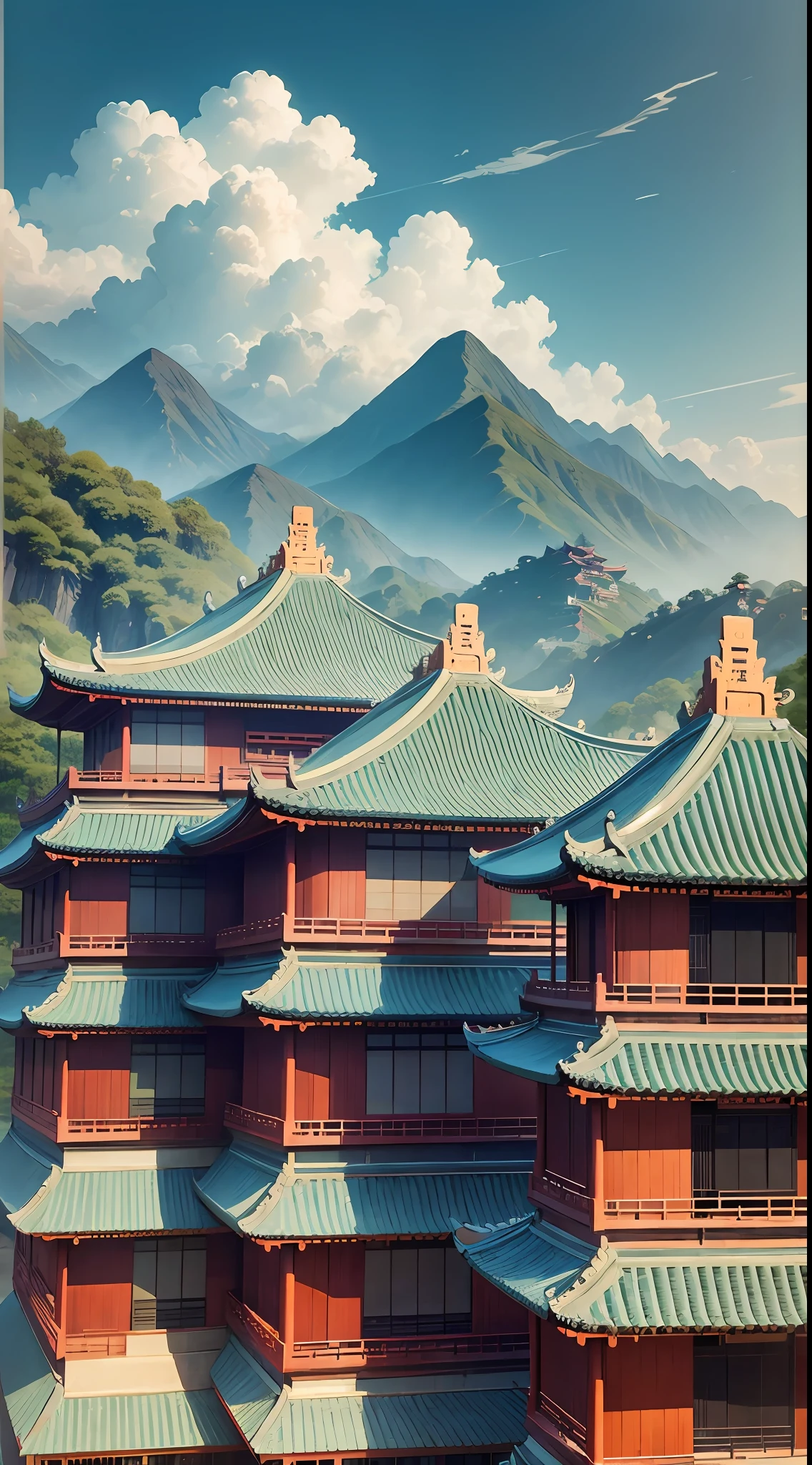 Lofty mountains, Chinese-style architecture, cloudy and misty, real, scenery, Xiuxian, lofts --auto --s2