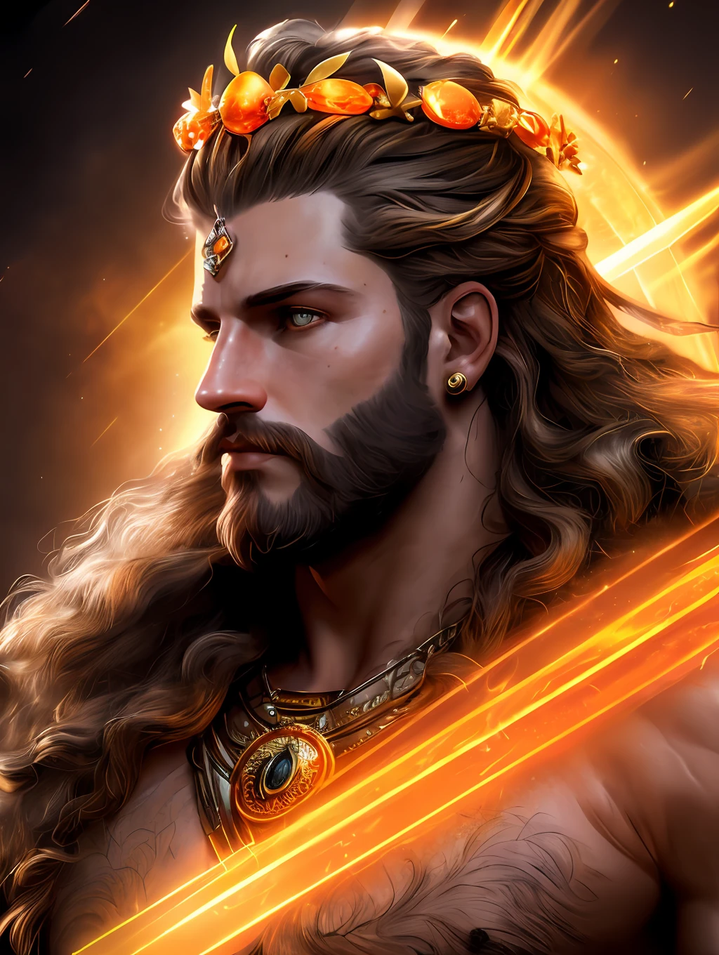 (Highest quality:1.3), A close up photo of Apollo God of beauty with a crown around his head (glowing orange crown:1.2) (in head:1.2), insanely handsome, fantasy art, perfect image, profile picture 1024px, greek and templar aesthetics, adorned with precious gems, cg artist, ultra detailed portrait, struggling to remain relevant in age-old battles, mysterious (light hairy man:1.2), realistic motion action photo, (((hdr))), hyperdetailed, cinematic, cool lights, intricate details, muscle, looking to the viewer, perspective view, UHD, 64k, unreal.(highly detailed skin), (detailed face), detailed background, dark lighting, twilight lighting, volumetric lighting, intricate details, UHD