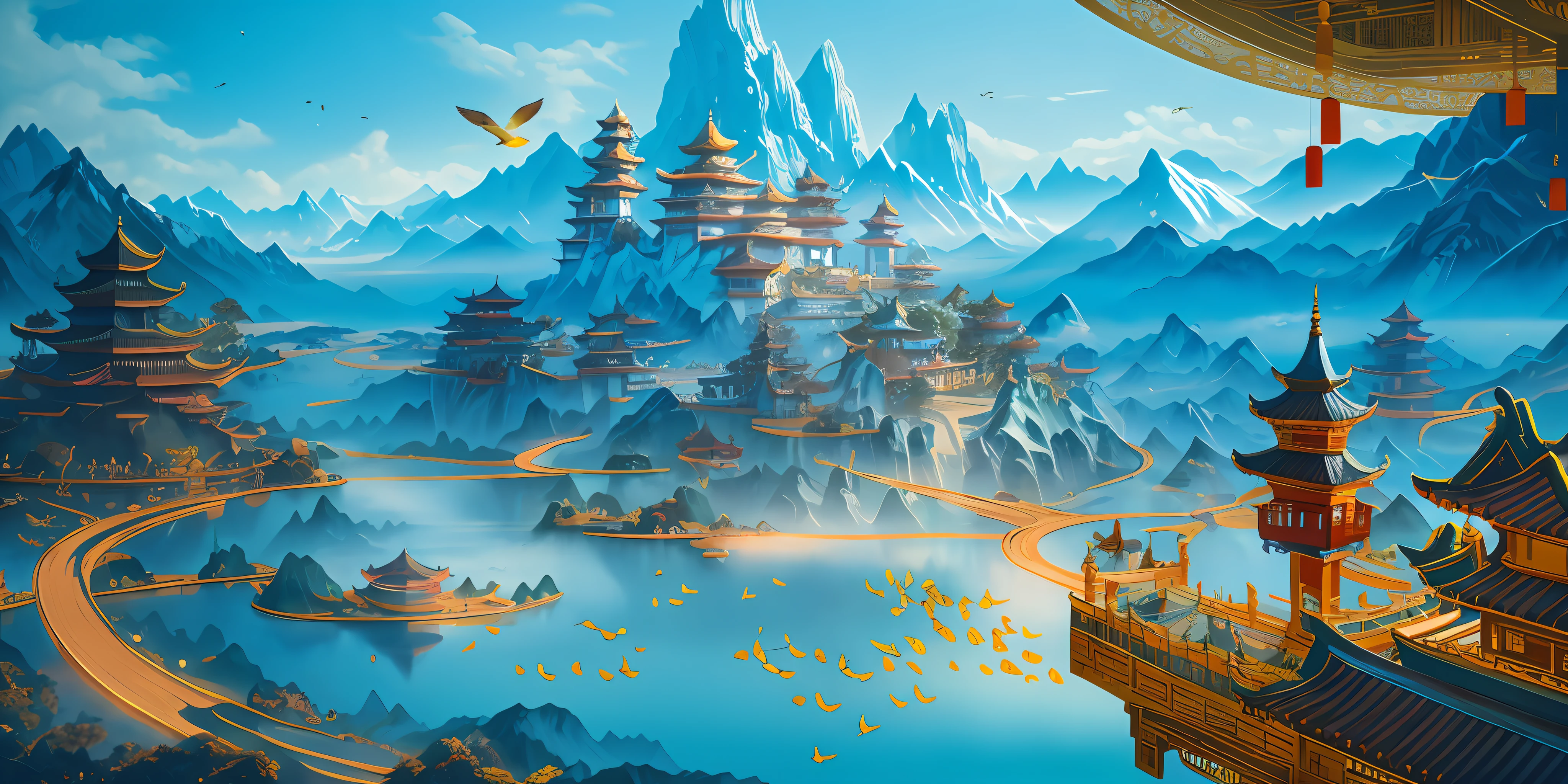 an image of an asian landscape with mountains and birds in the air, in the style of fantastical otherworldly visions, light cyan and gold, intricately mapped worlds, hyperrealistic illustrations, romanticized cityscapes, detailed character illustrations, organic shapes and curved lines, --v6