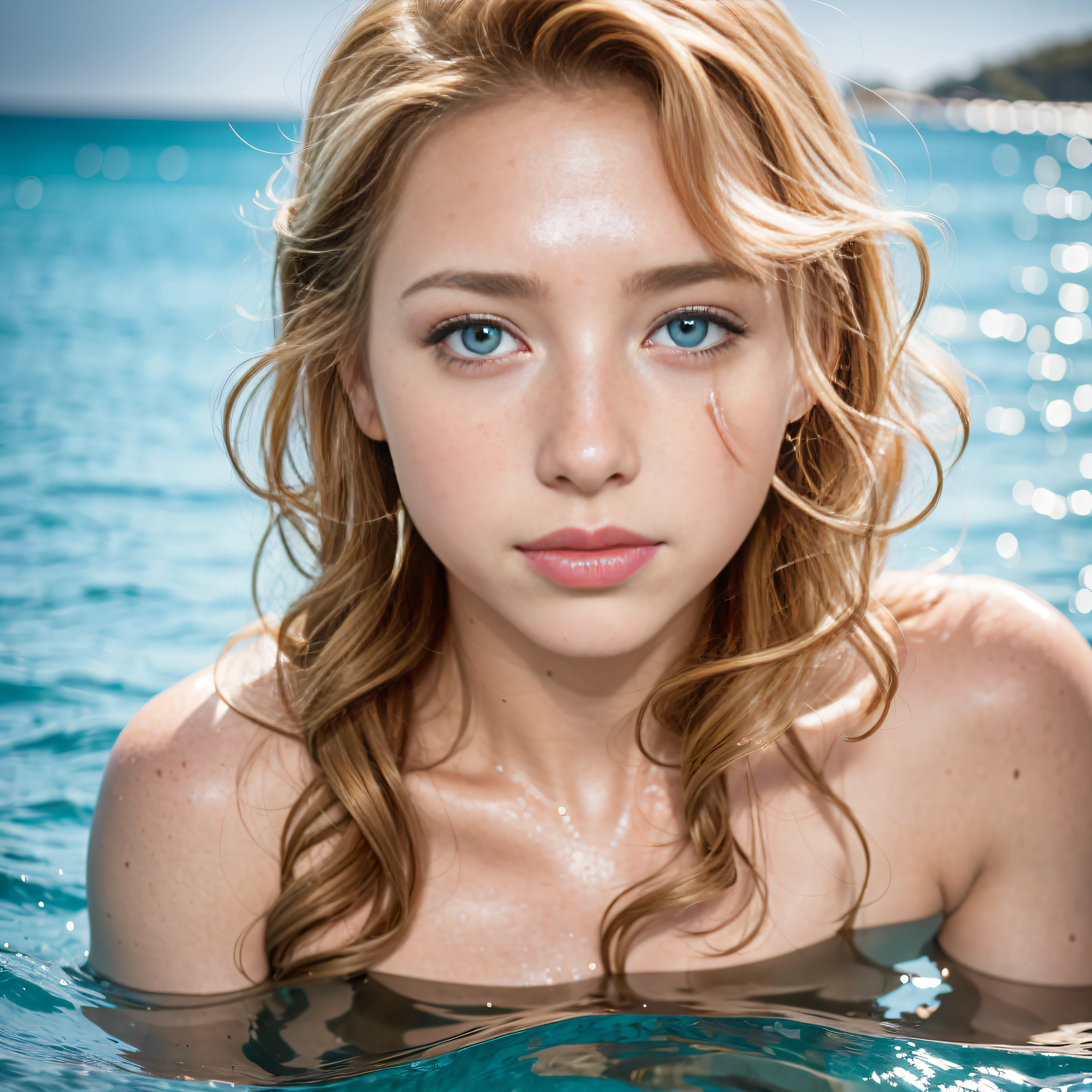 beautiful realistic woman underwater in her thirties with freckles and blonde curls and skindetails during golden hour, skin with beautiful nostalgic mood and freckles with emotive face with wet skin and petals falling