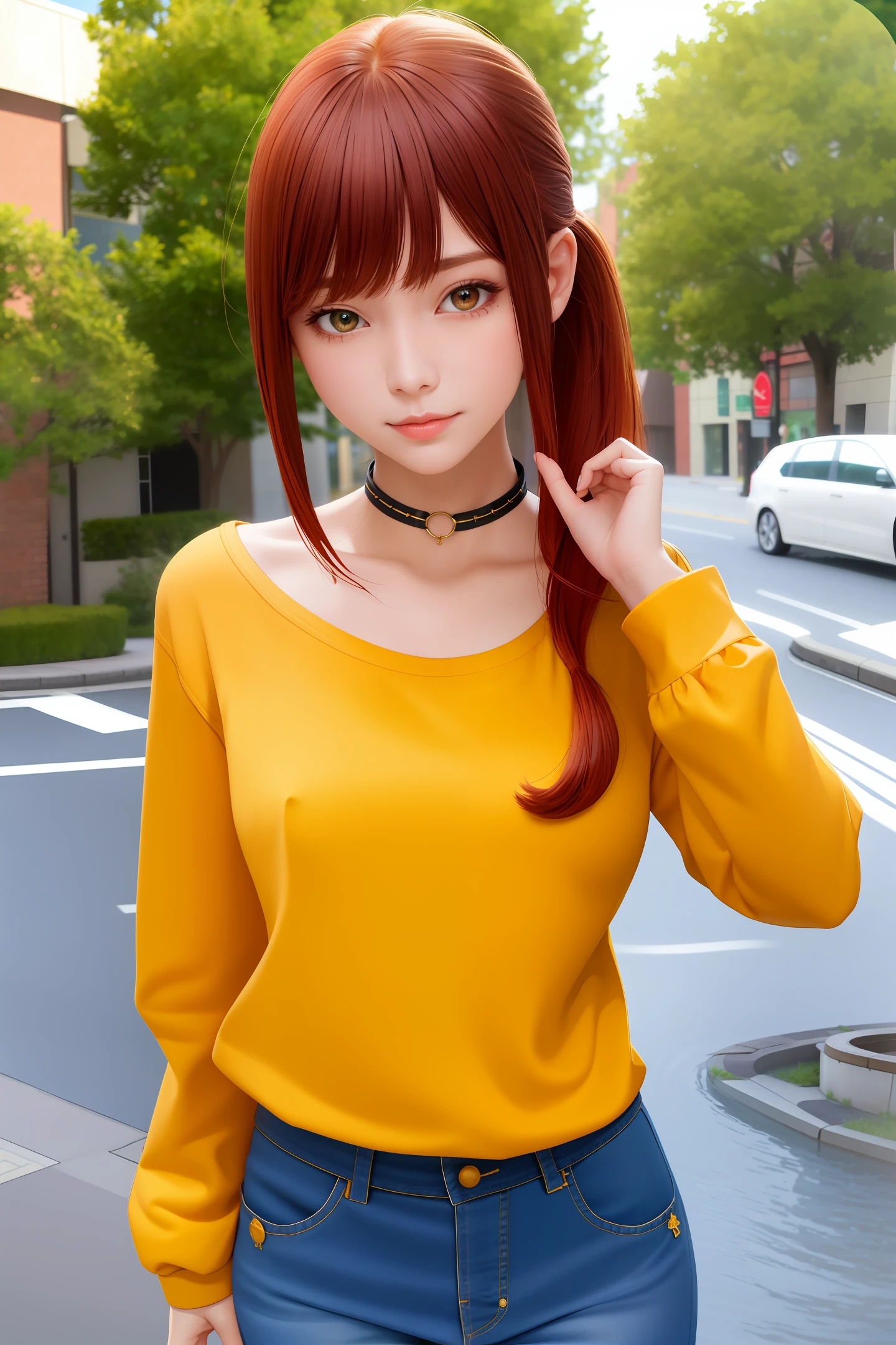 Ultra Detailed, Very Detailed, Masterpiece, Highest Quality, Best Quality, Ridiculous, High Resolution, Subsurface Scattering, (1girl: 1.5), (solo: 1.4), Smile, red Light red, Asymmetrical Hair, Asymmetrical Bangs , ponytail, medium bangs, hair between the eyes, blue eyes, eye reflections, detailed eyes, perfect eyes, rendered eyes, (looking at viewer: 1.1), dynamic pose, dynamic angle, full body, perfect Hand, hand detail. Details are enhanced. Refined skin, skin pores, shiny skin, lustrous skin, (skindentation:1.2), breasts, hair flow, idol, light casual clothes, delicate clothes, denim skirts, (penties:0.7), summer, daytime, sun, outdoors, college, campus, city, sidewalk, (water:0.8 ), (detailed background: 1.2), (complex background: 1.2), depth of field, small choker