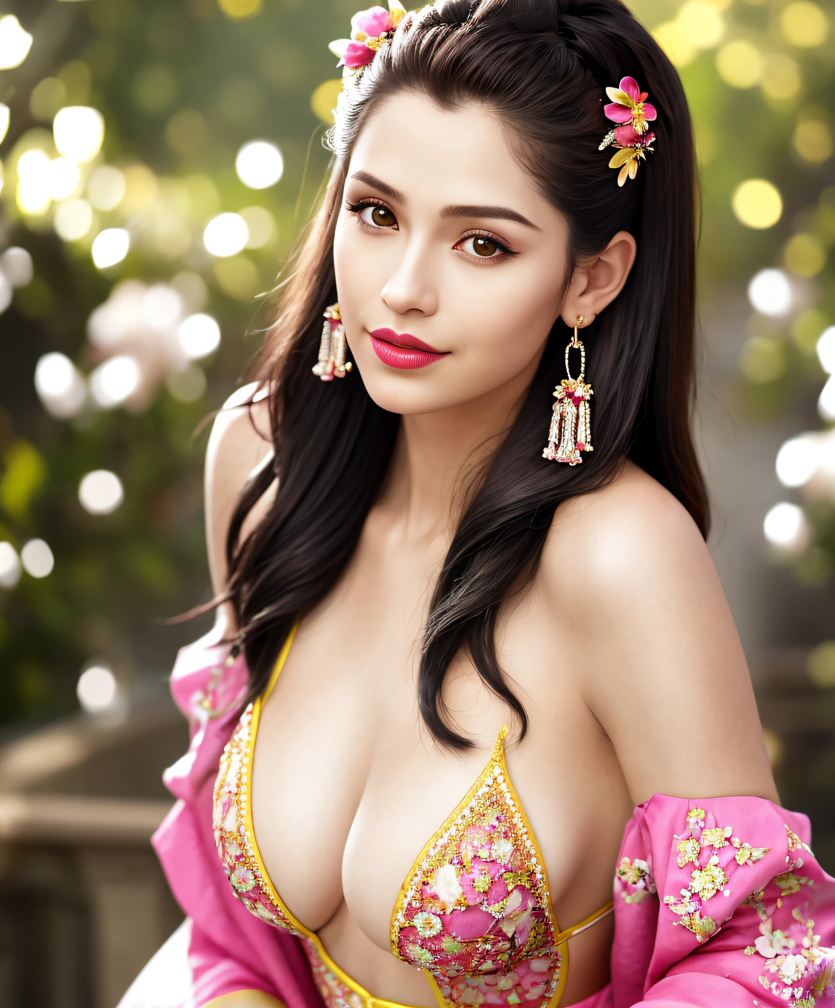 No Hands, Close-up of Chest, Slender Waist, Seductive Pose, Outside Shot, Vivid Colors, Symmetrical Face, Perfect Skin, Volumetric Light, Stunning Environment, Rich Detail, Hyper-Realism, Impersonation, Thick Lips, Beautiful Lips, Intricate Hair Accessories, Cinema Lights, Bright Light, Vivid Colors, Bokeh Background, (floral background), Earrings, Big breasts, Hands behind your back