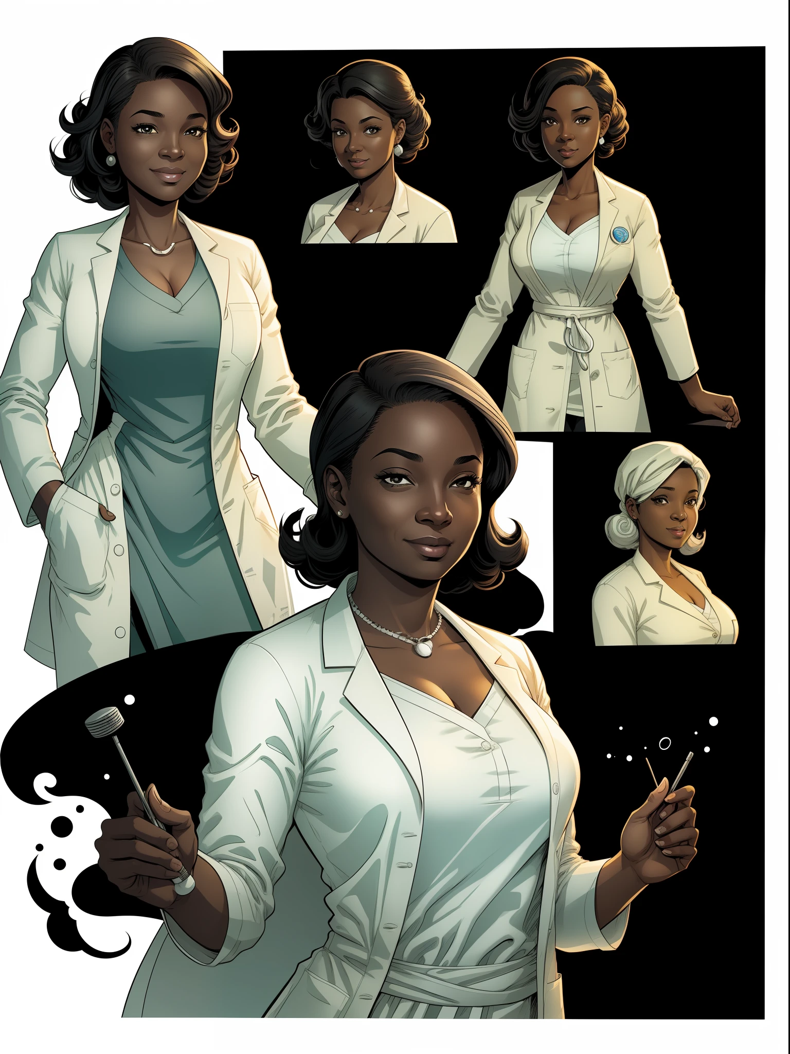 Comics hospital director, woman, black, middle-aged, wearing lab coat, white background, illustration.